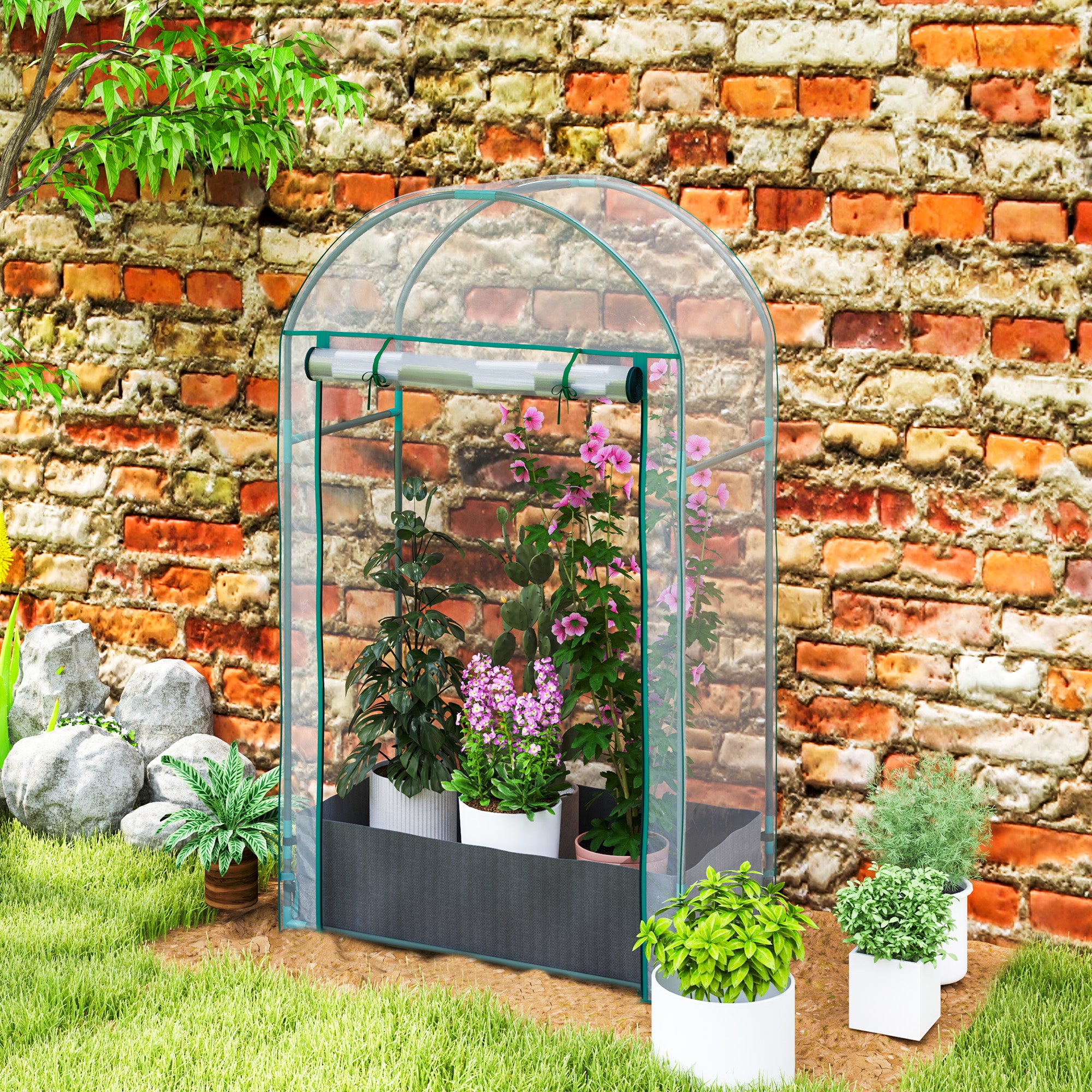 Garden Greenhouse, Balcony Greenhouse, Reinforced PVC Cover, Steel Frame, Roll-Up Zippered Door, with Planting Bag, for Vegetables Plants, Indoor and Outdoor, 89x50x152cm transparent