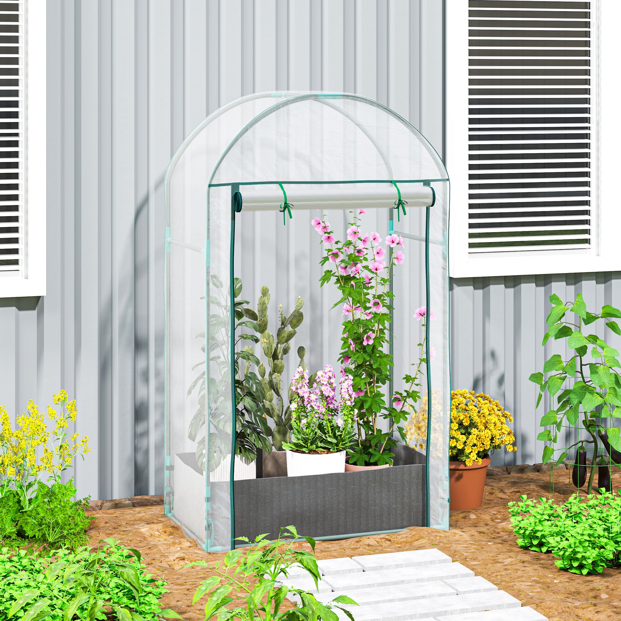 Garden Greenhouse, Balcony Greenhouse, Reinforced PVC Cover, Steel Frame, Roll-Up Zippered Door, with Planting Bag, for Vegetables Plants, Indoor and Outdoor, 89x50x152cm transparent