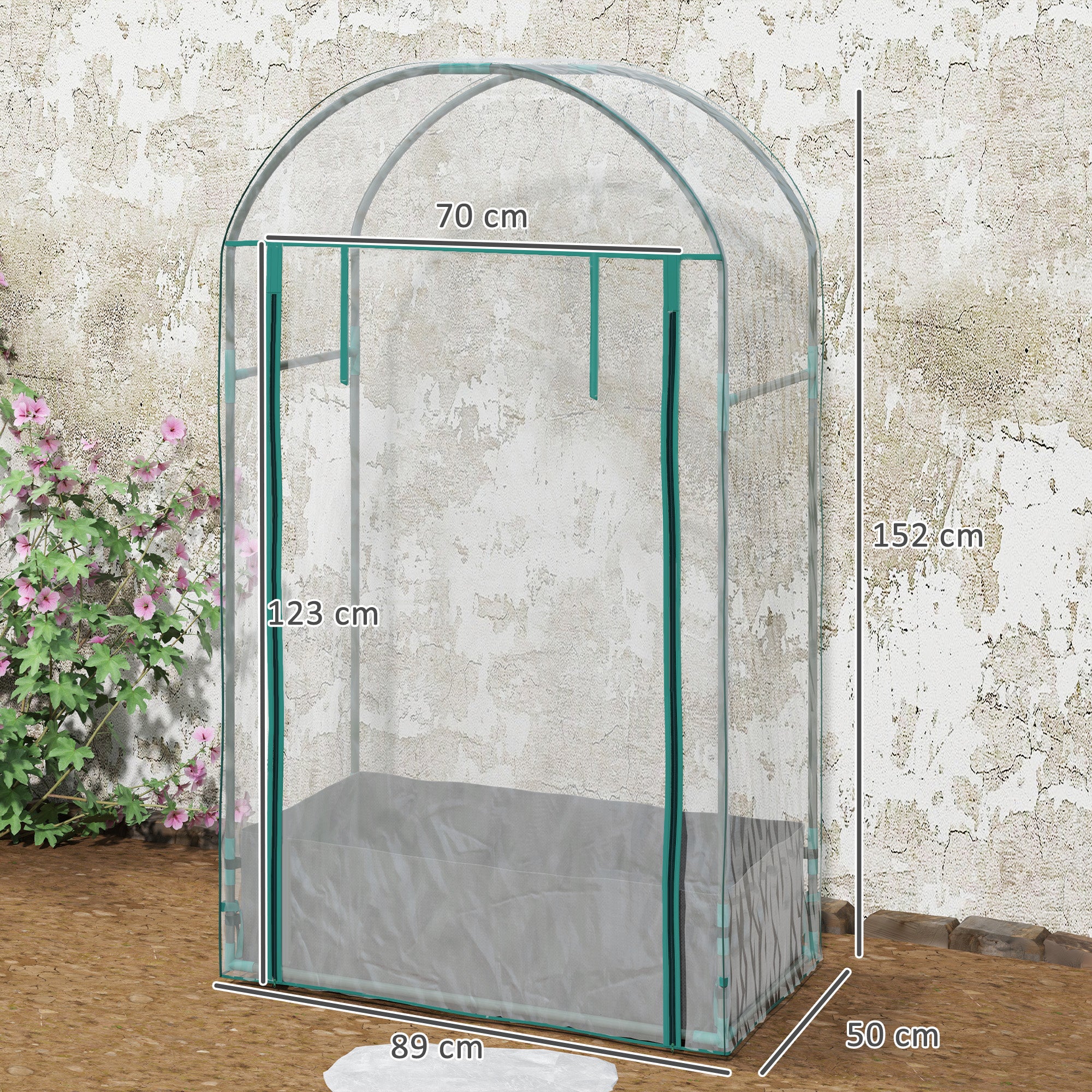 Garden Greenhouse, Balcony Greenhouse, Reinforced PVC Cover, Steel Frame, Roll-Up Zippered Door, with Planting Bag, for Vegetables Plants, Indoor and Outdoor, 89x50x152cm transparent