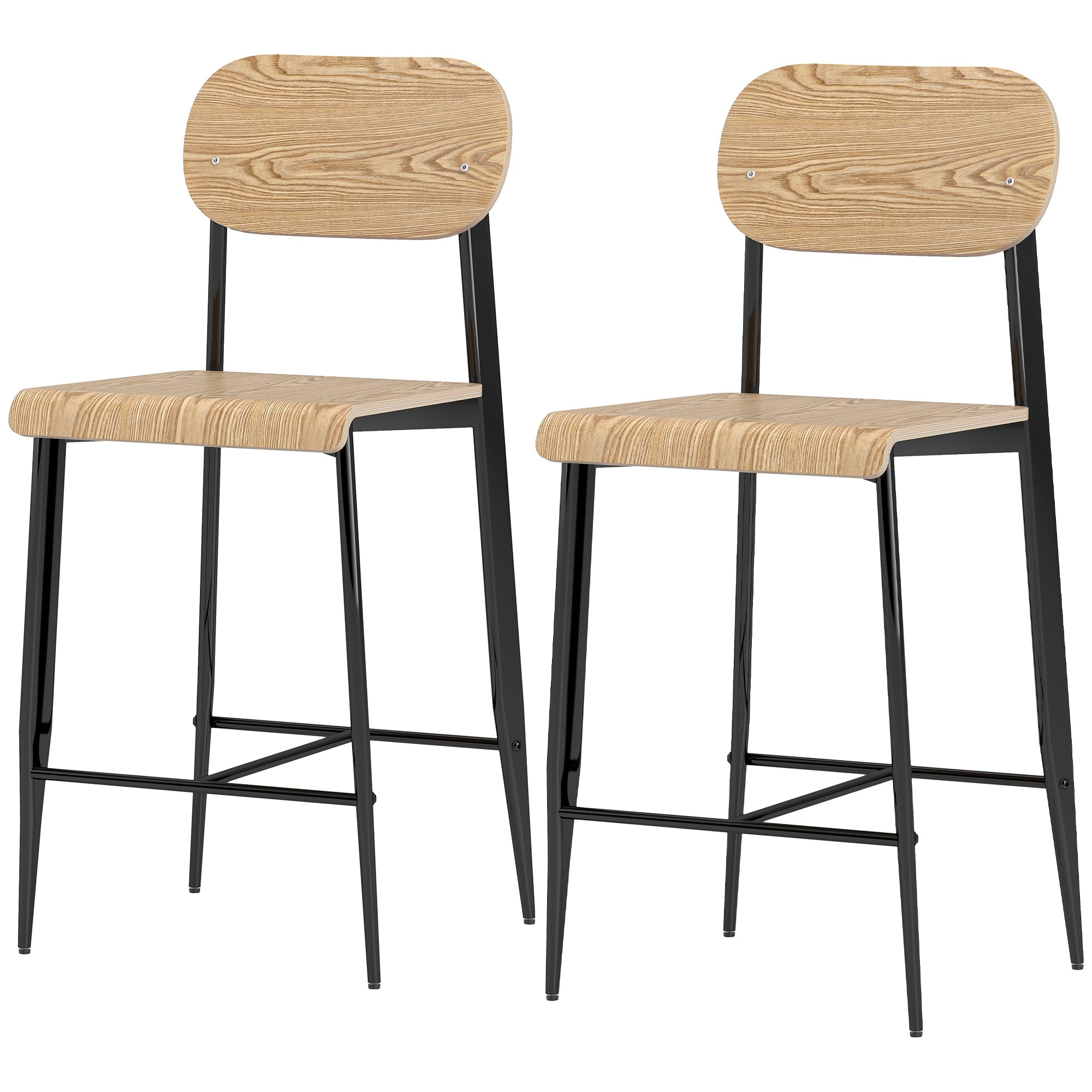Set of 2 Bar Stools, Bar Chair with Footrest, Metal Frame, Kitchen Chair with 66 cm Seat Height, Counter Stool Easy Assembly, Industrial Design Natural Wood+Black