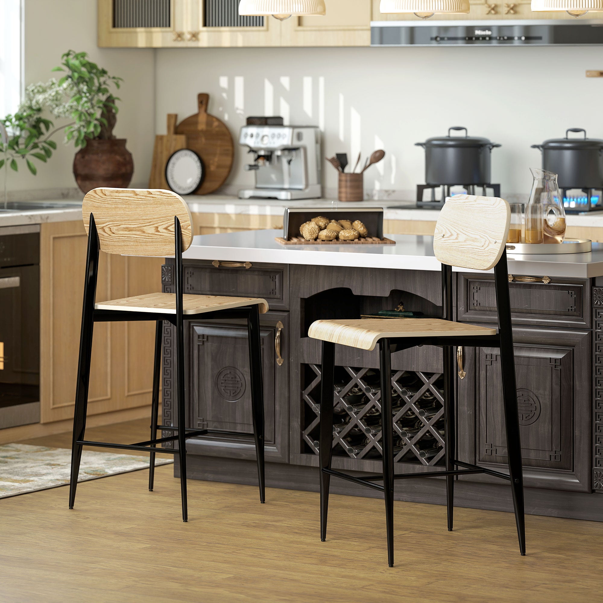 Set of 2 Bar Stools, Bar Chair with Footrest, Metal Frame, Kitchen Chair with 66 cm Seat Height, Counter Stool Easy Assembly, Industrial Design Natural Wood+Black