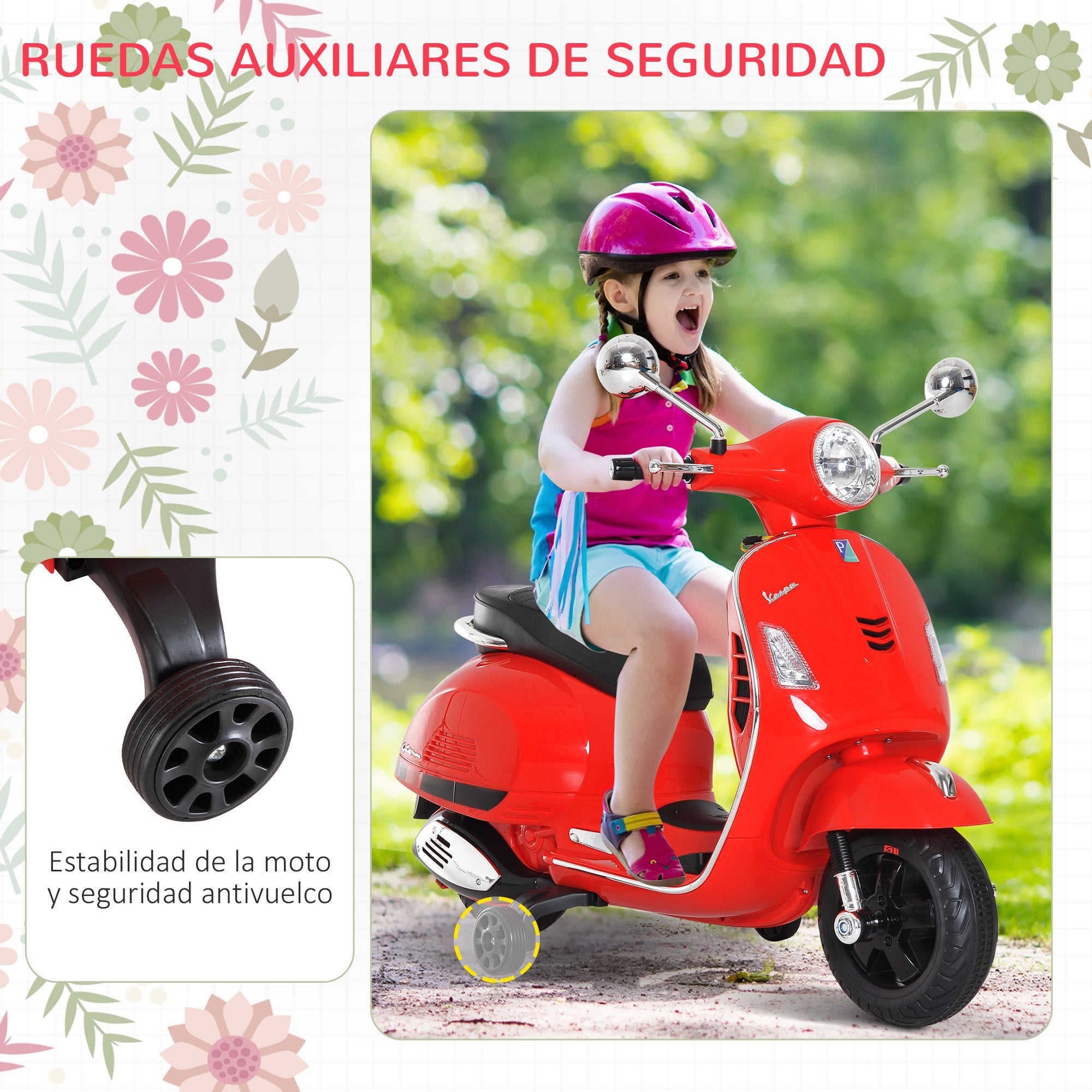 Electric Motorcycle for Kids 3-6 Years Old with VESPA License Battery-Powered Kids Motorcycle with Music Speed 2-3 km/h and Horn Load 25 kg Red