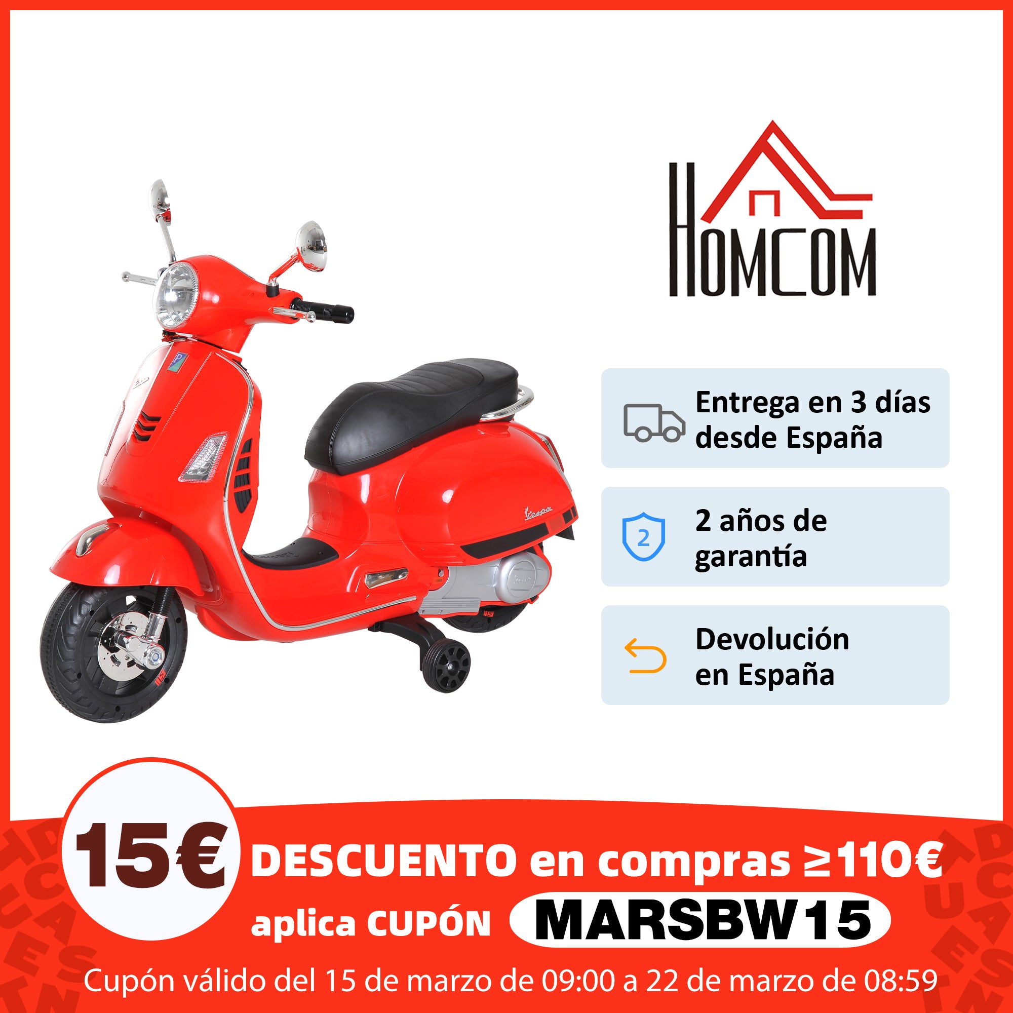 Electric Motorcycle for Kids 3-6 Years Old with VESPA License Battery-Powered Kids Motorcycle with Music Speed 2-3 km/h and Horn Load 25 kg Red