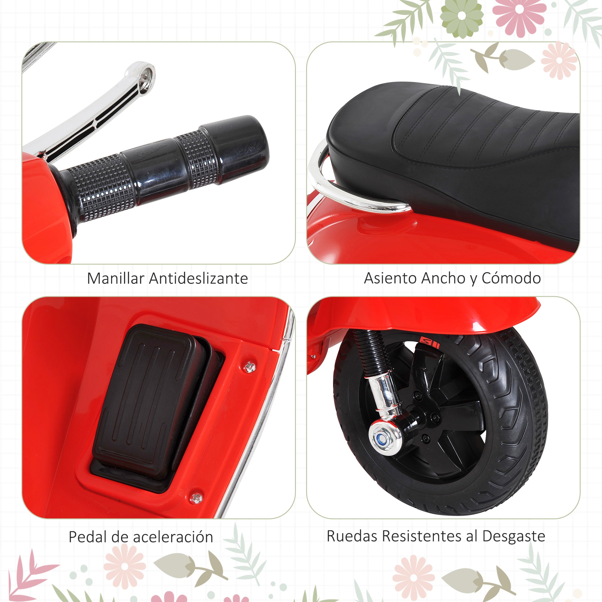 Electric Motorcycle for Kids 3-6 Years Old with VESPA License Battery-Powered Kids Motorcycle with Music Speed 2-3 km/h and Horn Load 25 kg Red