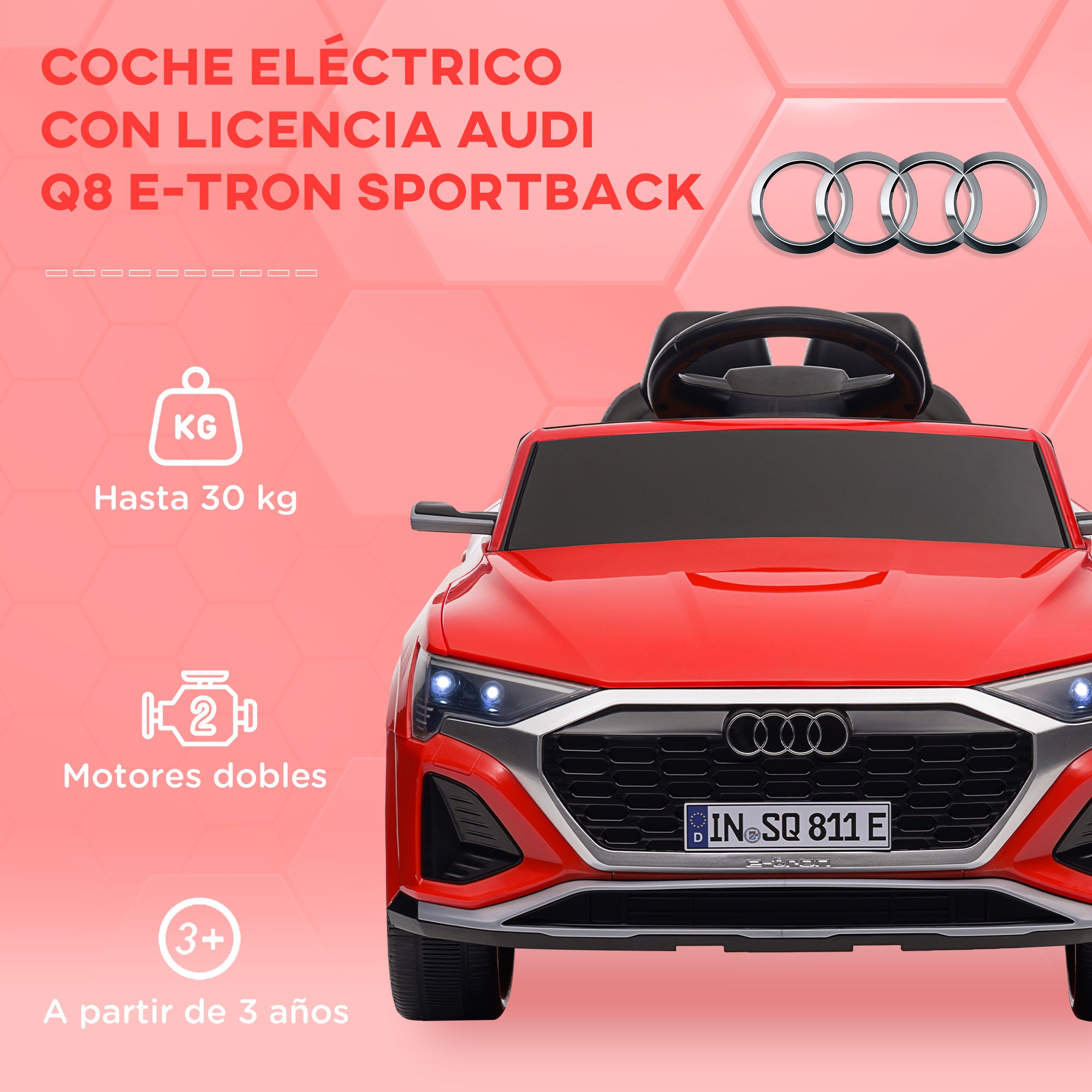 Electric Car for Kids +3 Years Audi Q8 etron Sportback 12V Battery Remote Control Spring Suspension Wheels Headlights Horn and Music Red
