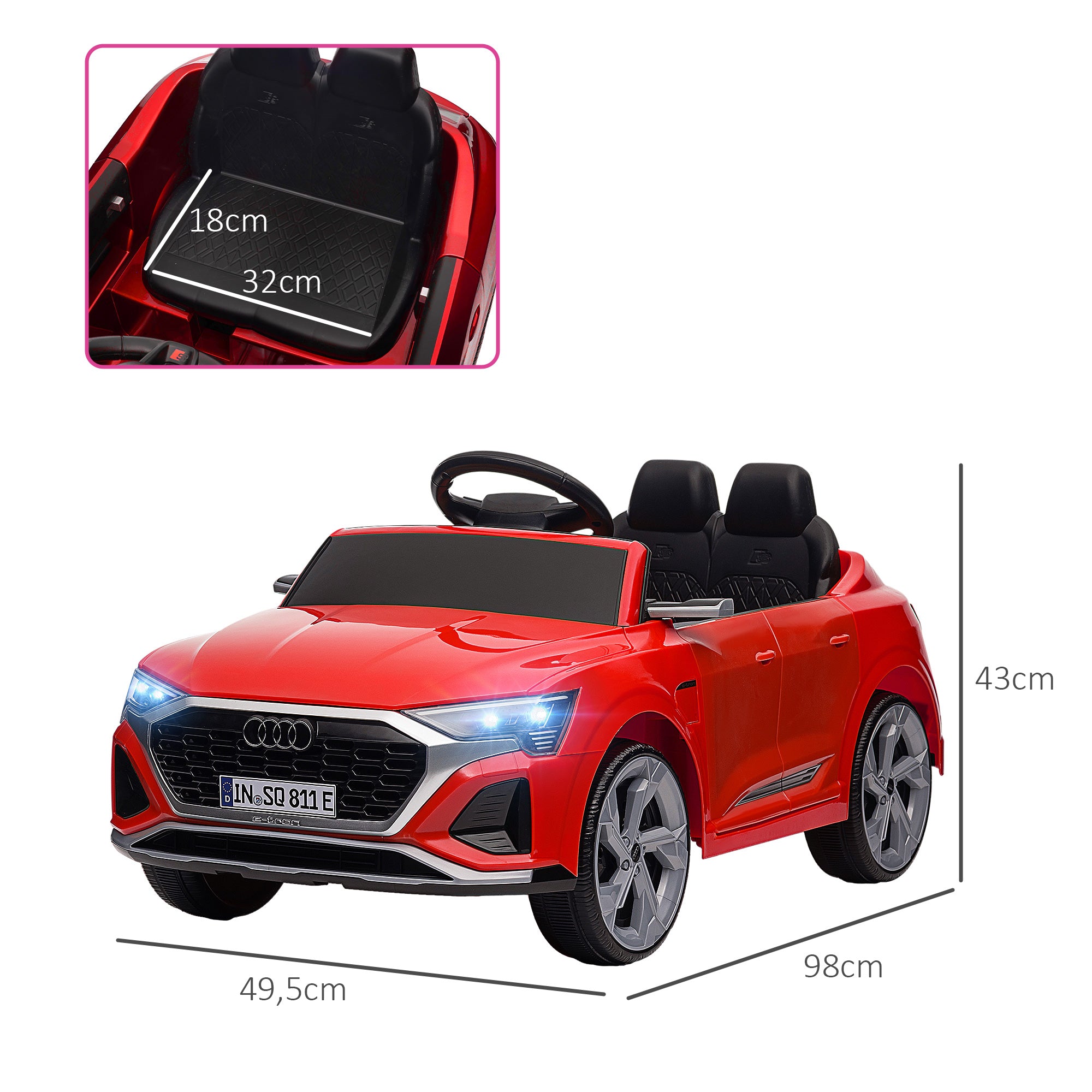 Electric Car for Kids +3 Years Audi Q8 etron Sportback 12V Battery Remote Control Spring Suspension Wheels Headlights Horn and Music Red