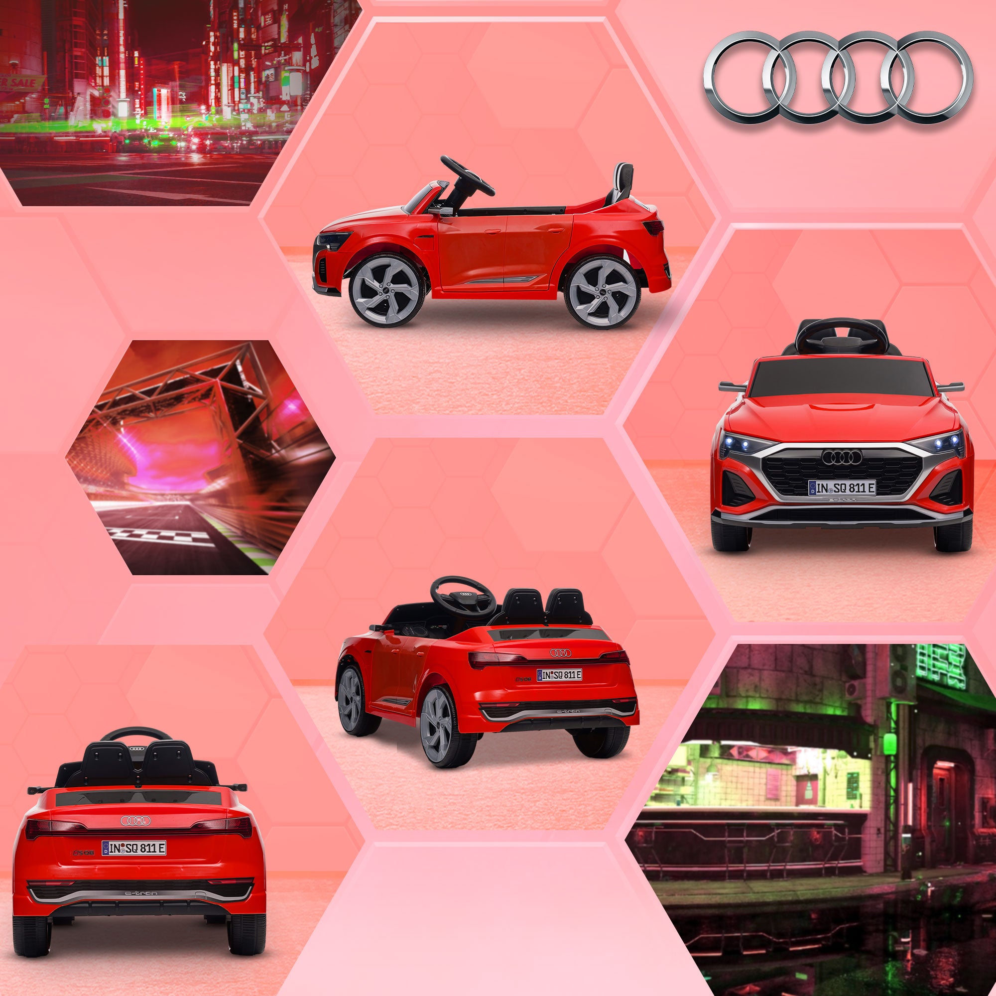 Electric Car for Kids +3 Years Audi Q8 etron Sportback 12V Battery Remote Control Spring Suspension Wheels Headlights Horn and Music Red