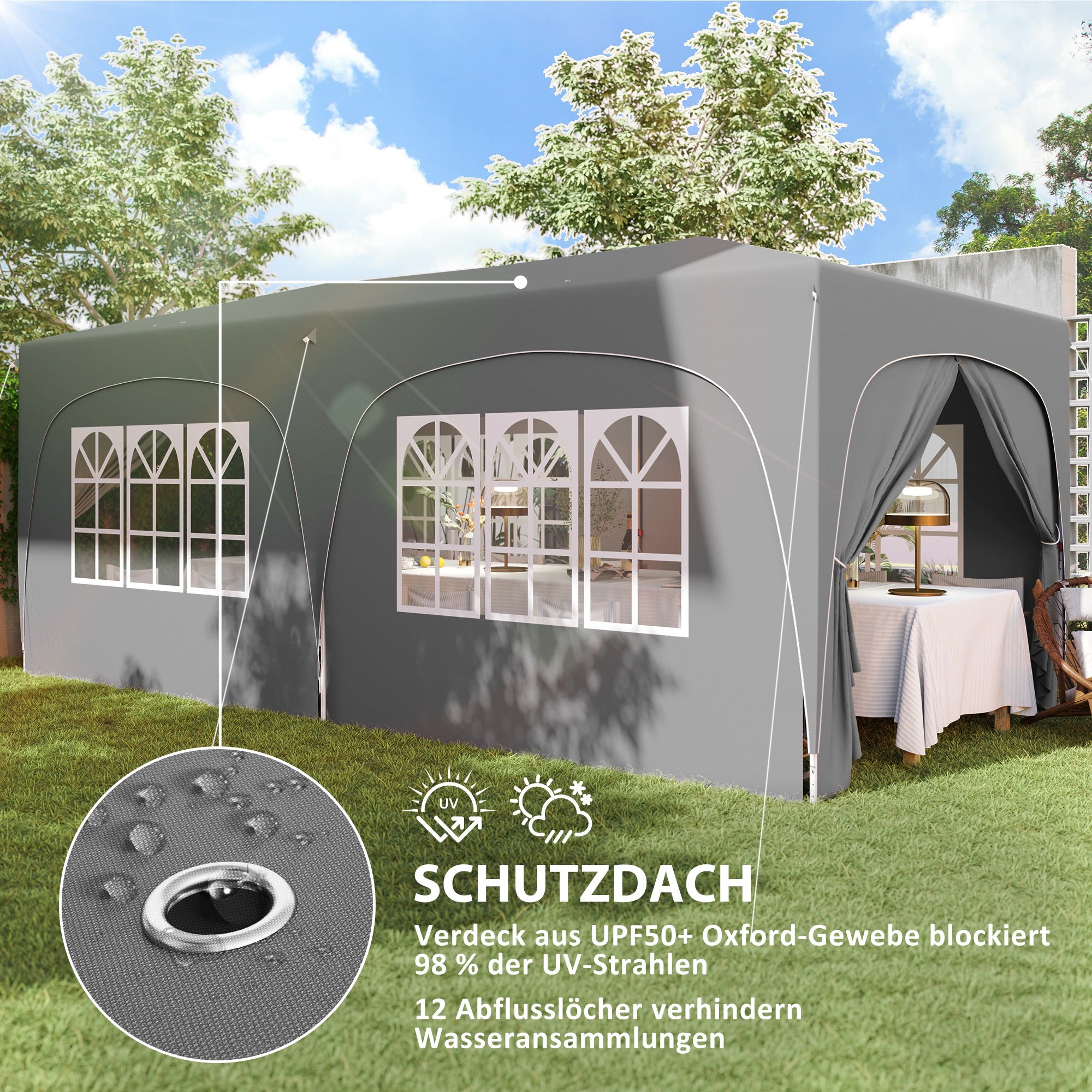 Pavilion approx. 3x6m, water-resistant Stable Winterproof Pop-up Folding Pavilion, UV Protection 50+, Foldable Party Tent Garden Tent with 6 Side Parts Bag Garden Pavilion for Camping Garden, Light Gray