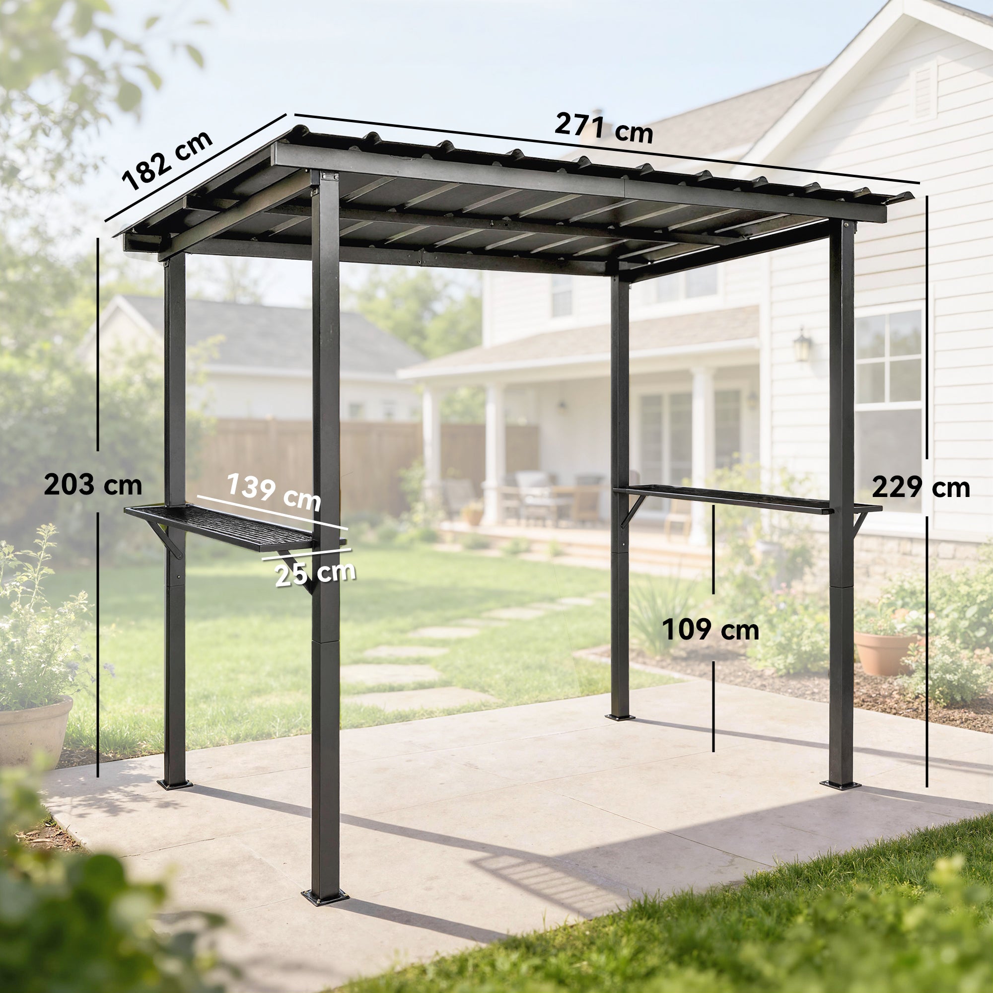 BBQ Pavilion 8 ft 11 in x 6 ft 0 in Garden Gazebo with Lean-to Roof, Side Shelves, UPF50+ Protection, Black