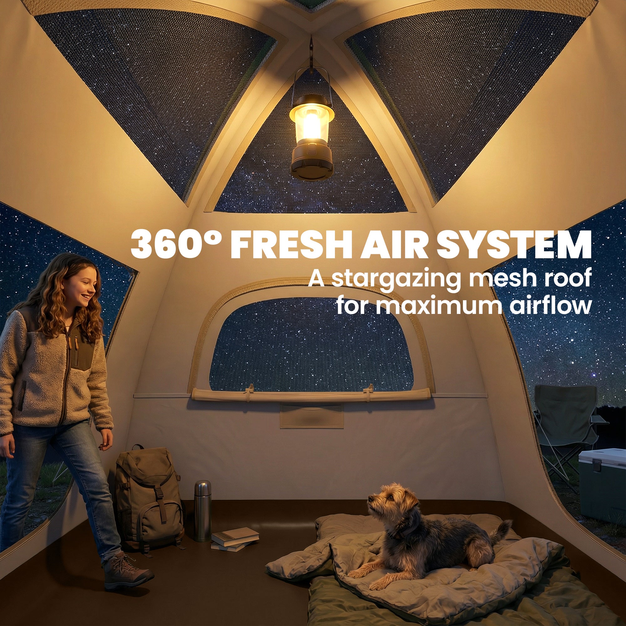 Inflatable 3-Person Air Tent with 2-Min Setup, High Ceilings, Removable Rainfly, Mesh Roof & Awning — 3000 mm Waterproof Glamping Tent