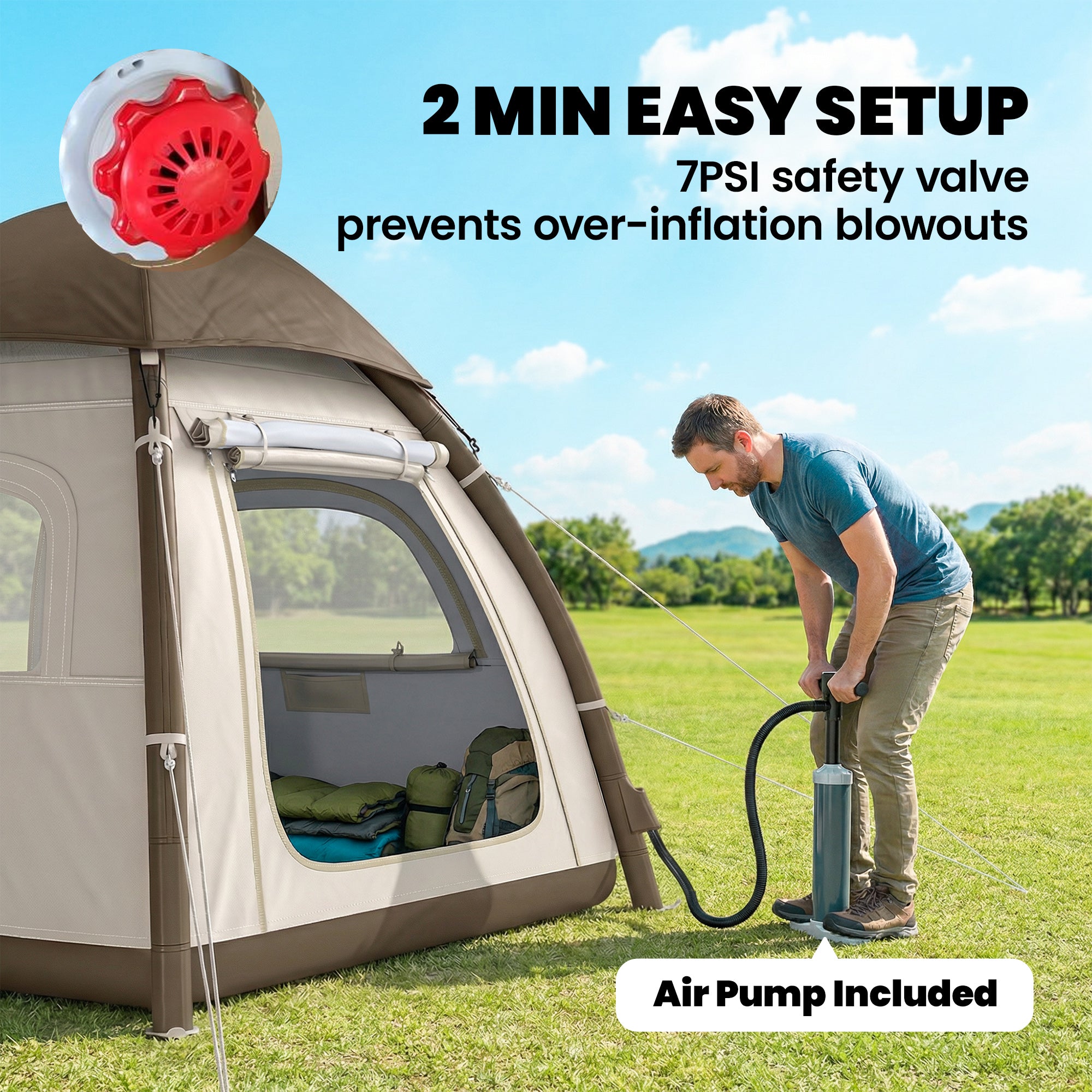 Inflatable 3-Person Air Tent with 2-Min Setup, High Ceilings, Removable Rainfly, Mesh Roof & Awning — 3000 mm Waterproof Glamping Tent