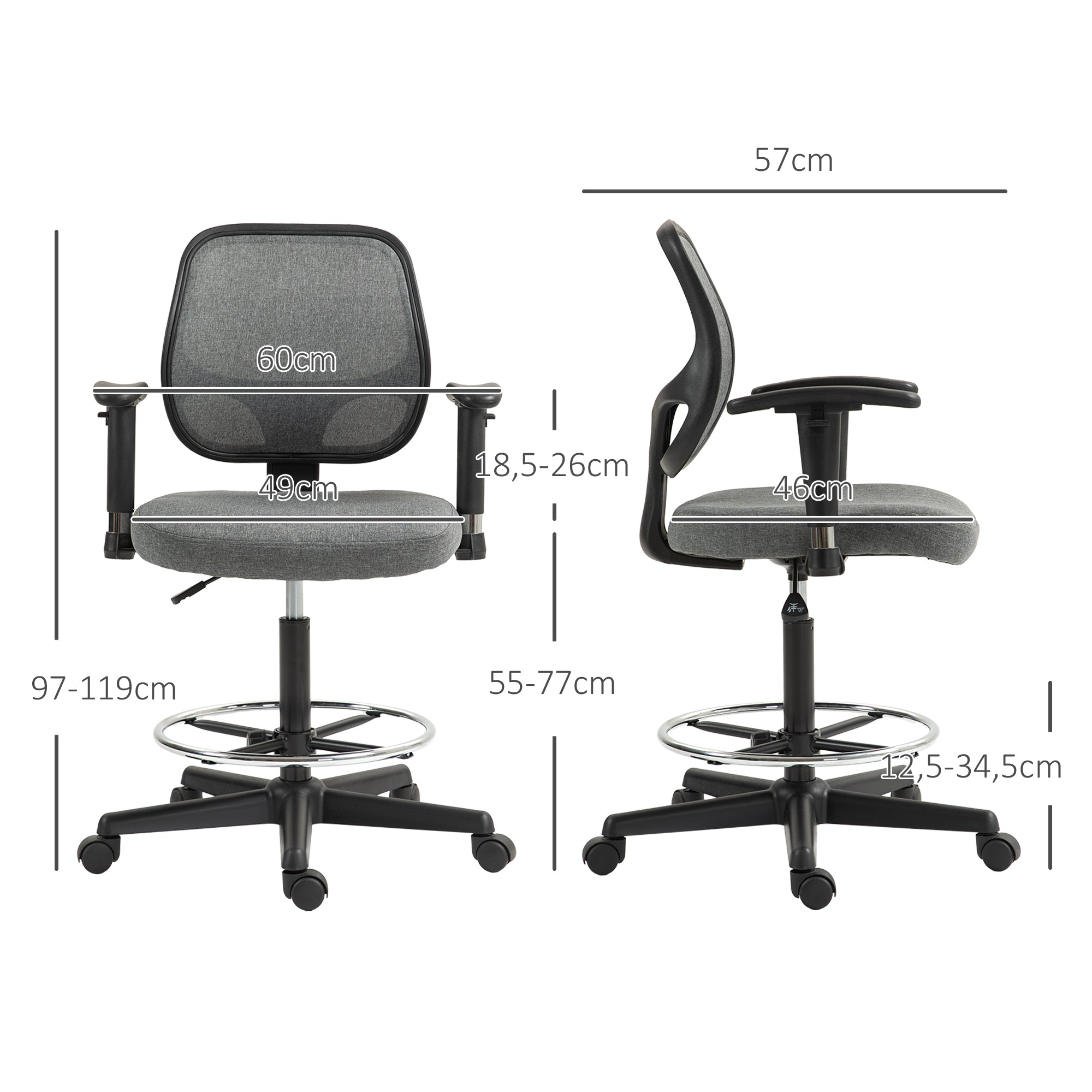 Office Chair High Stool with Adjustable Seat, Armrests, dim. 60W x 57D x 97-119H cm on Wheels, Gray