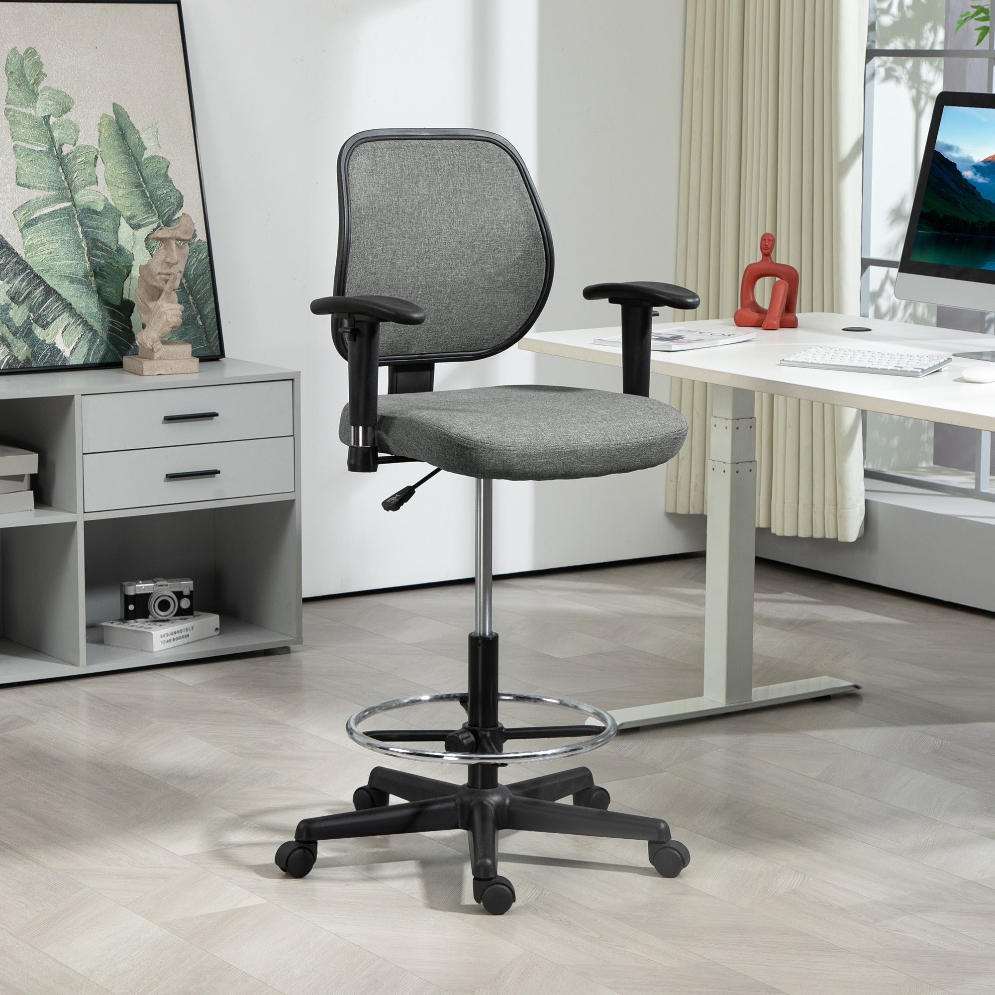 Office Chair High Stool with Adjustable Seat, Armrests, dim. 60W x 57D x 97-119H cm on Wheels, Gray