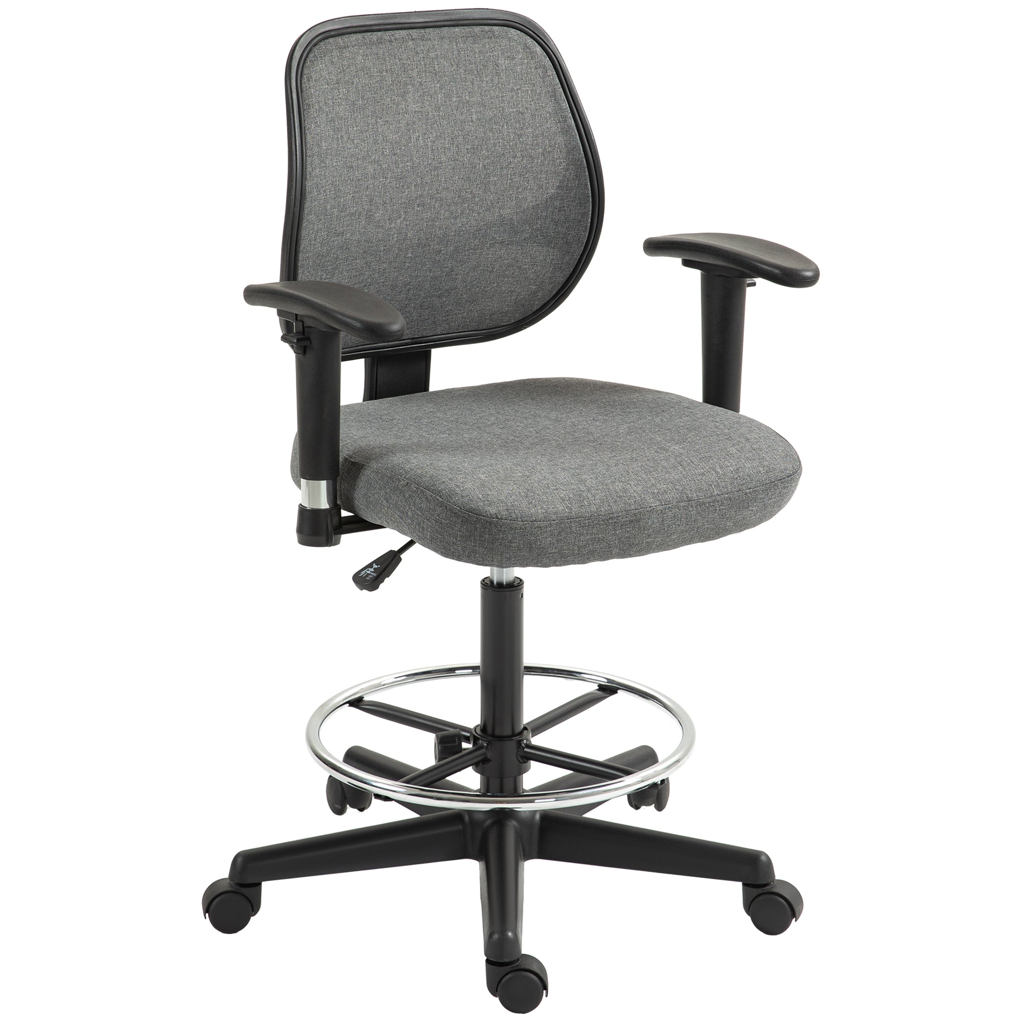 Office Chair High Stool with Adjustable Seat, Armrests, dim. 60W x 57D x 97-119H cm on Wheels, Gray