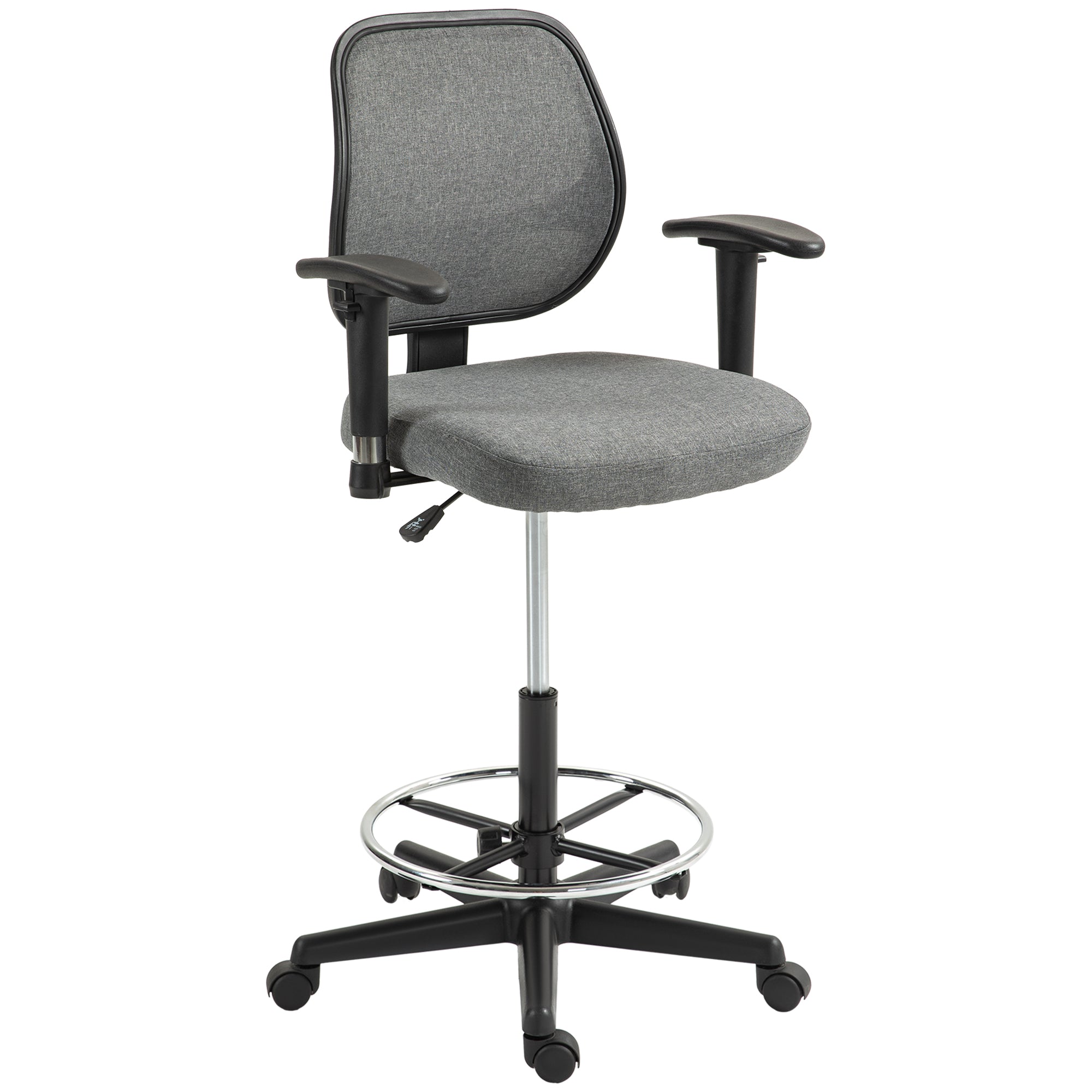 Office Chair High Stool with Adjustable Seat, Armrests, dim. 60W x 57D x 97-119H cm on Wheels, Gray