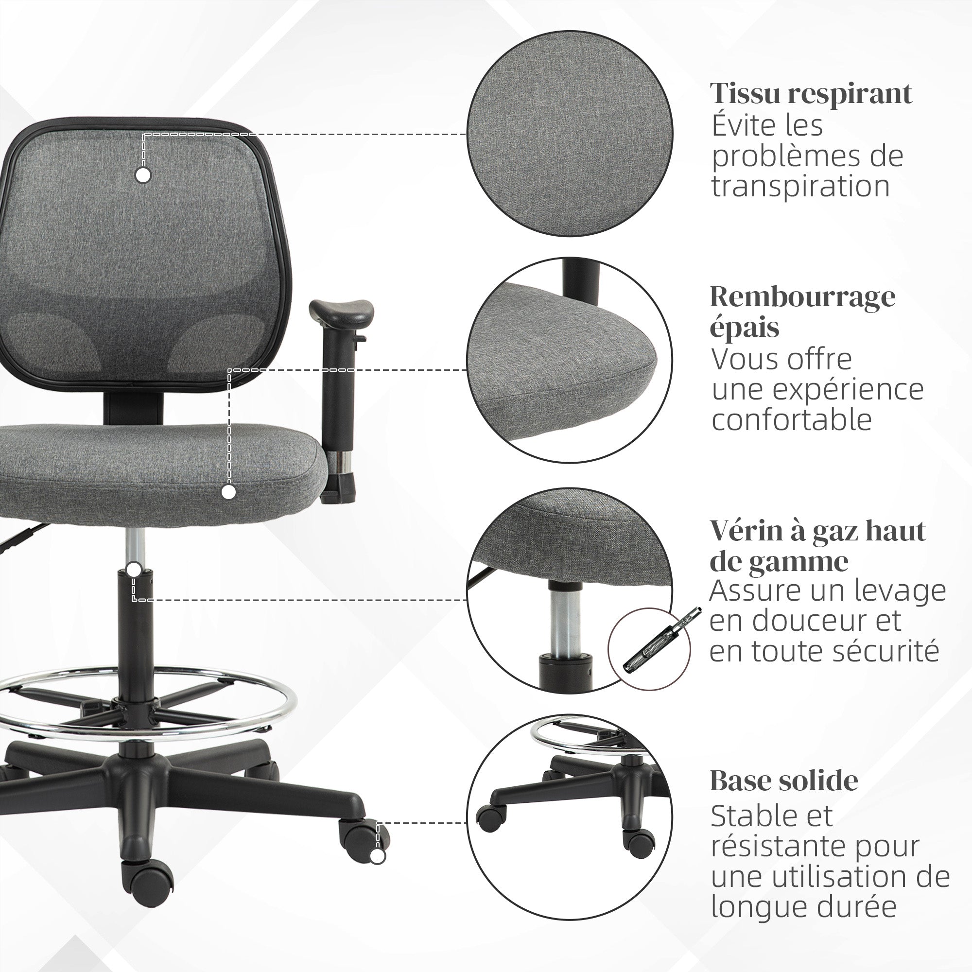 Office Chair High Stool with Adjustable Seat, Armrests, dim. 60W x 57D x 97-119H cm on Wheels, Gray