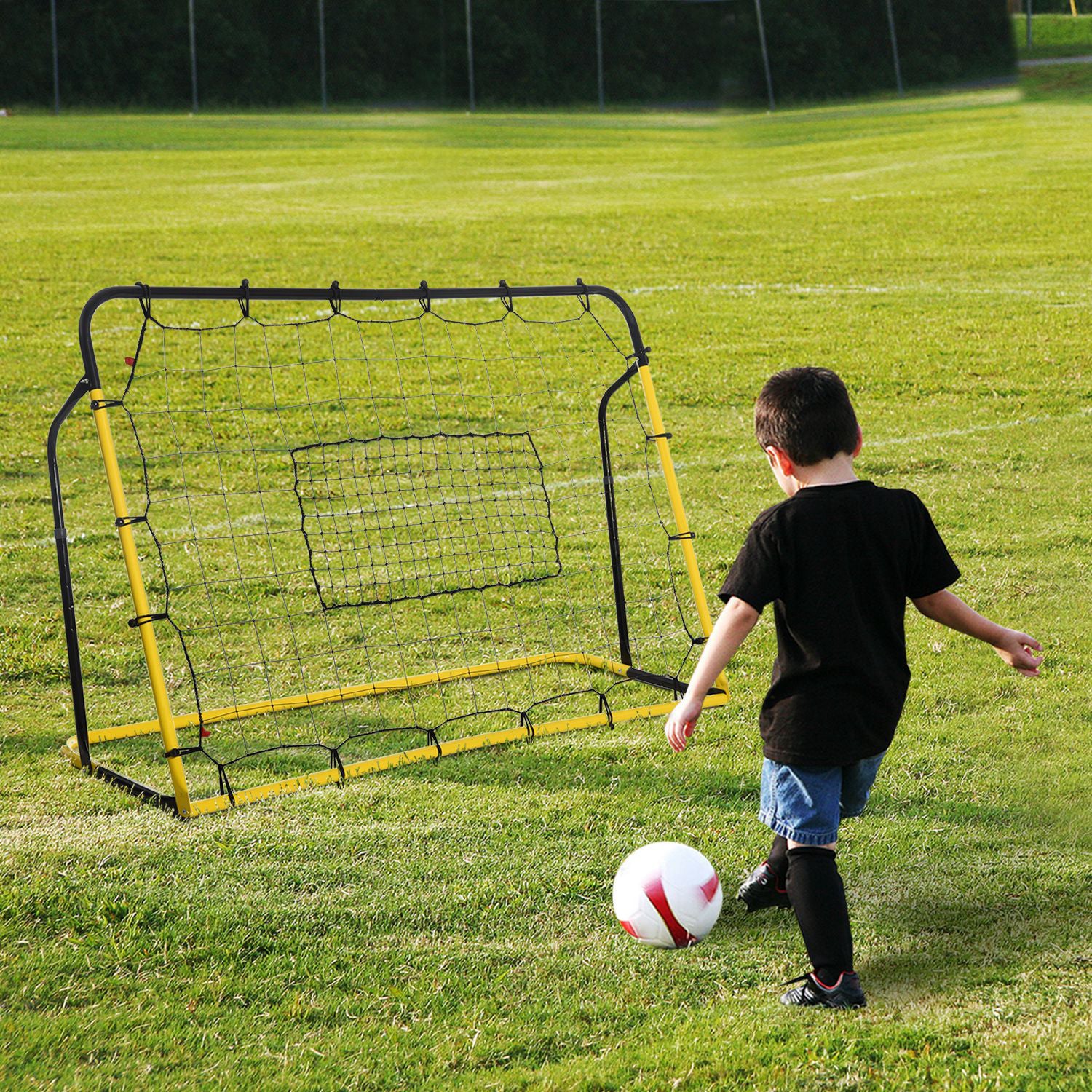 Kickback Soccer Rebound Goal Net for Soccer, Basketball, and Baseball, Steel+PE, Yellow+Black, 184 x 63 x 123 cm