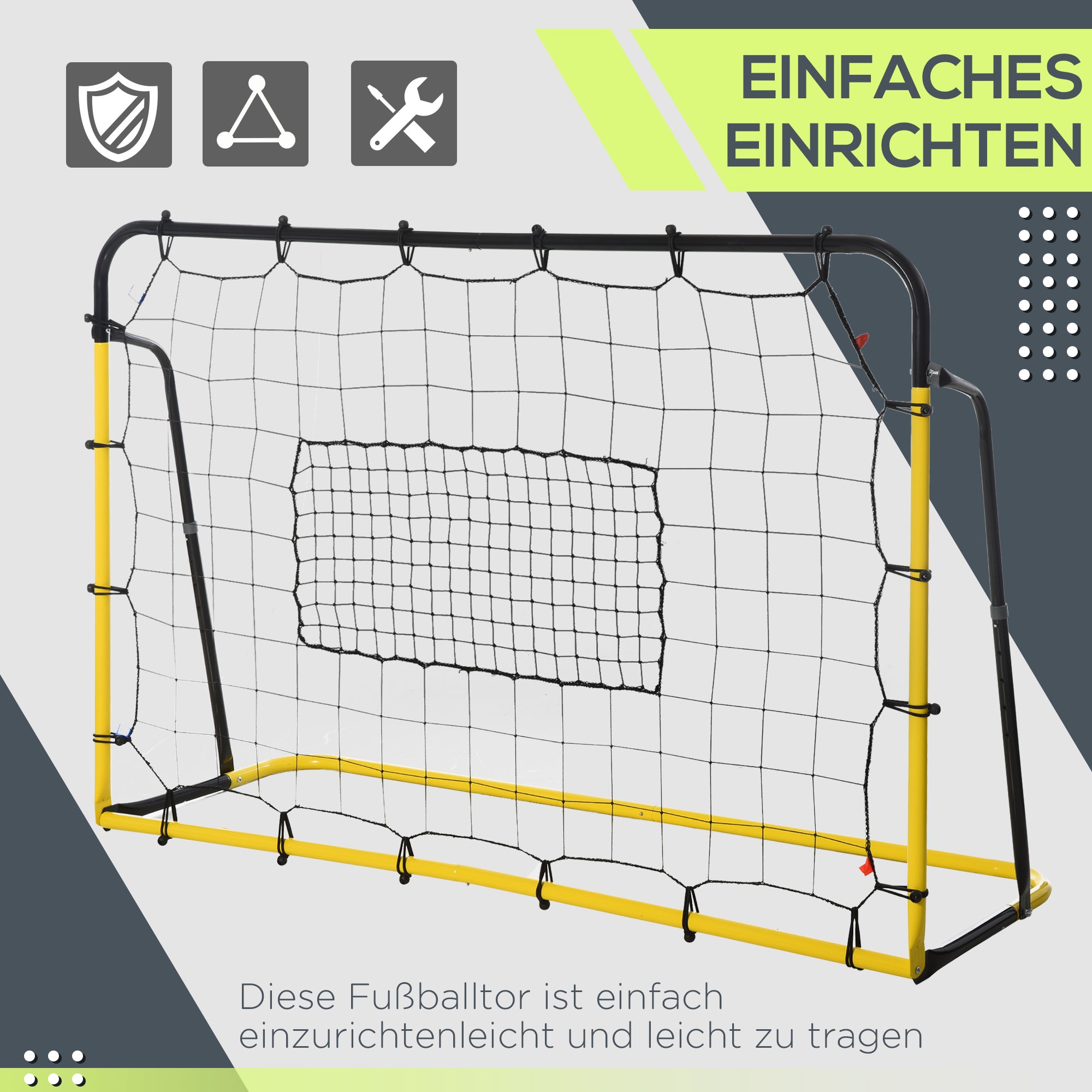 Kickback Soccer Rebound Goal Net for Soccer, Basketball, and Baseball, Steel+PE, Yellow+Black, 184 x 63 x 123 cm