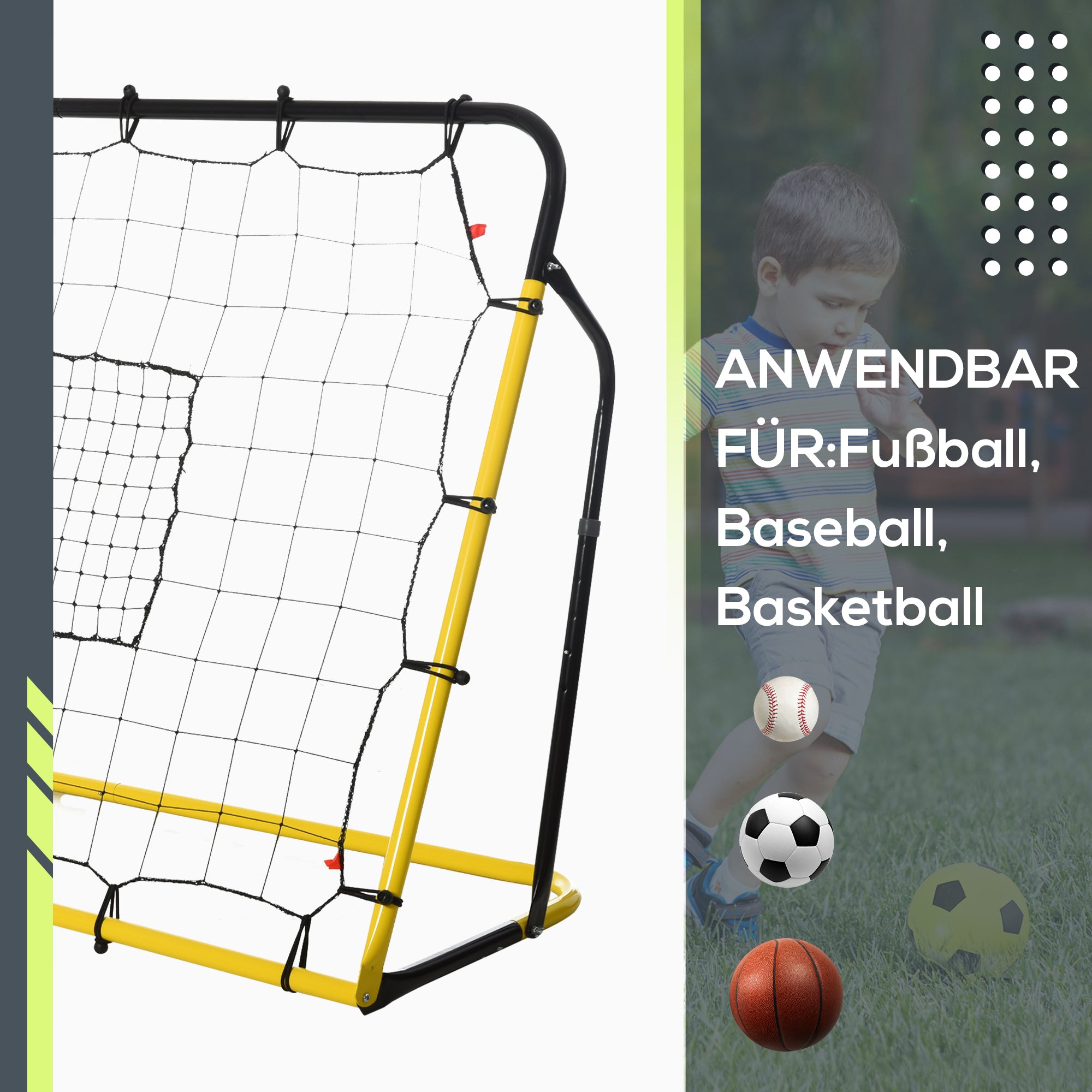 Kickback Soccer Rebound Goal Net for Soccer, Basketball, and Baseball, Steel+PE, Yellow+Black, 184 x 63 x 123 cm