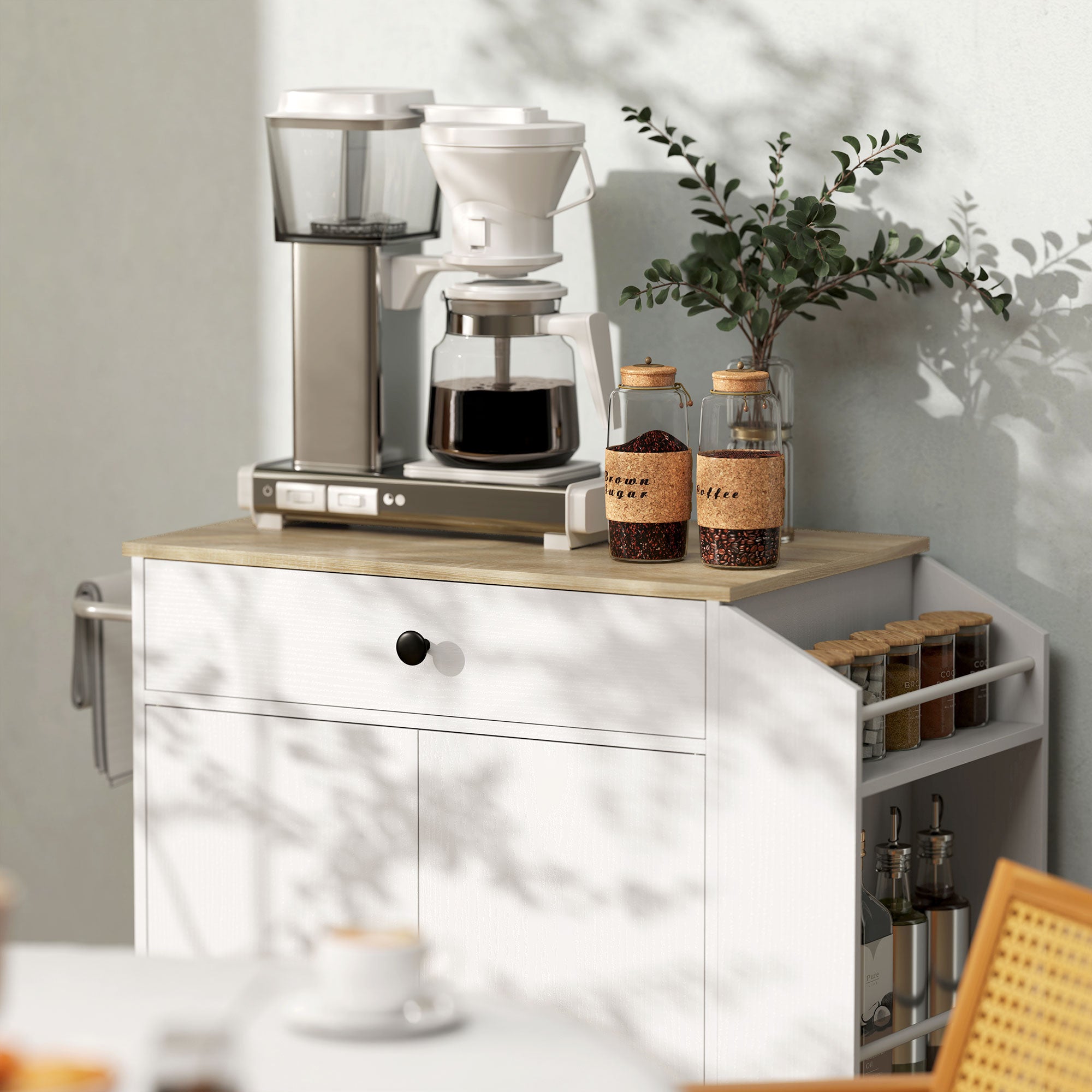 Kitchen Island Kitchen Trolley on Wheels with Worktop, Kitchen Cabinet with Drawer, Spice Rack, Shelf, Towel Holder, Serving Trolley Cart for Kitchen and Dining Room 82 x 38 x 86.5 cm White