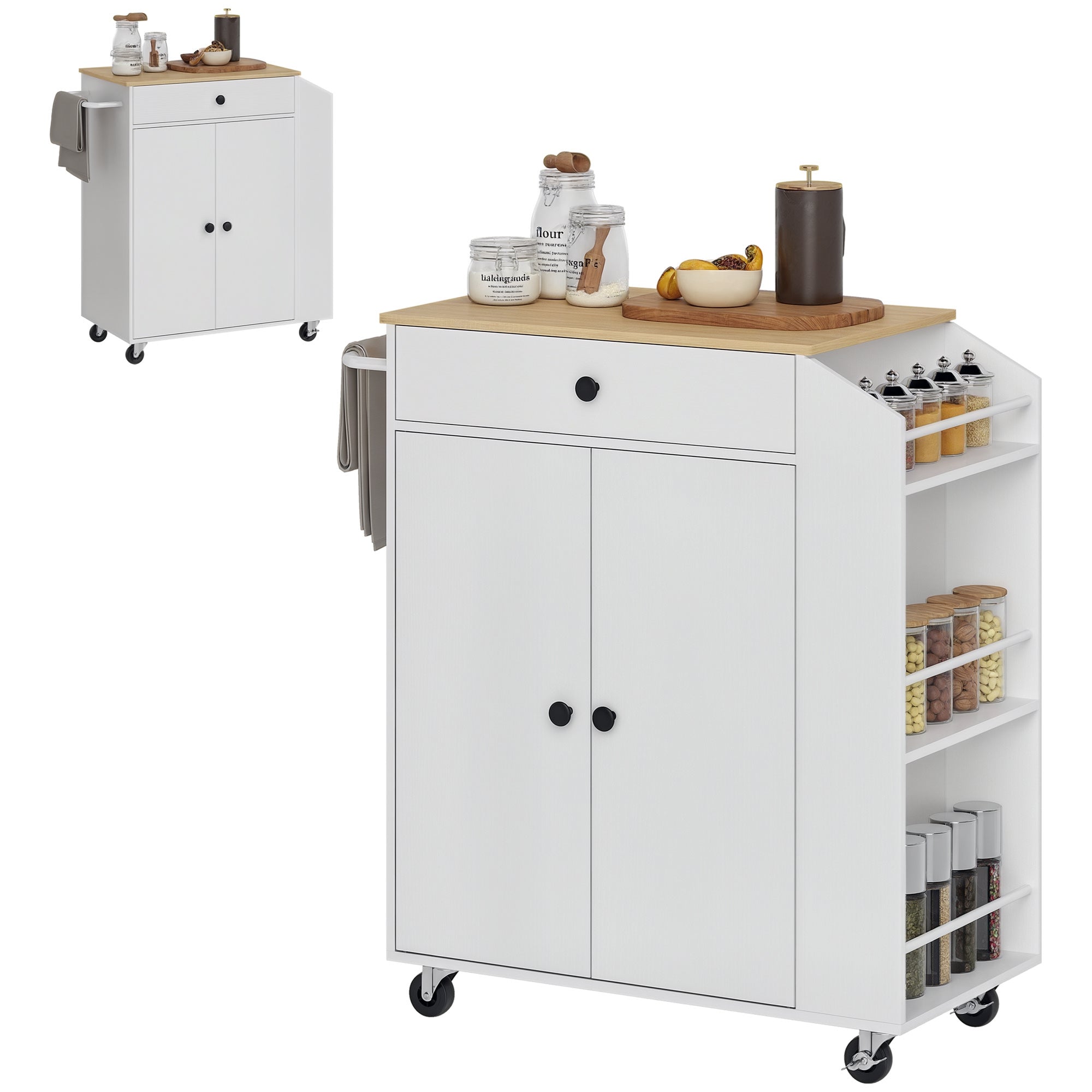 Kitchen Island Kitchen Trolley on Wheels with Worktop, Kitchen Cabinet with Drawer, Spice Rack, Shelf, Towel Holder, Serving Trolley Cart for Kitchen and Dining Room 82 x 38 x 86.5 cm White