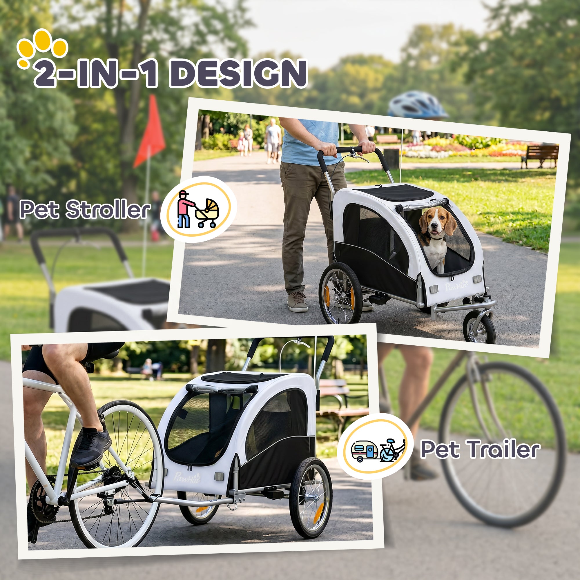 2-in-1 Dog Bike Trailer & Jogger for Small to Medium Dogs up to 44 lb — Foldable, 600D Oxford, Reflectors, Handbrake, Universal Coupling, White
