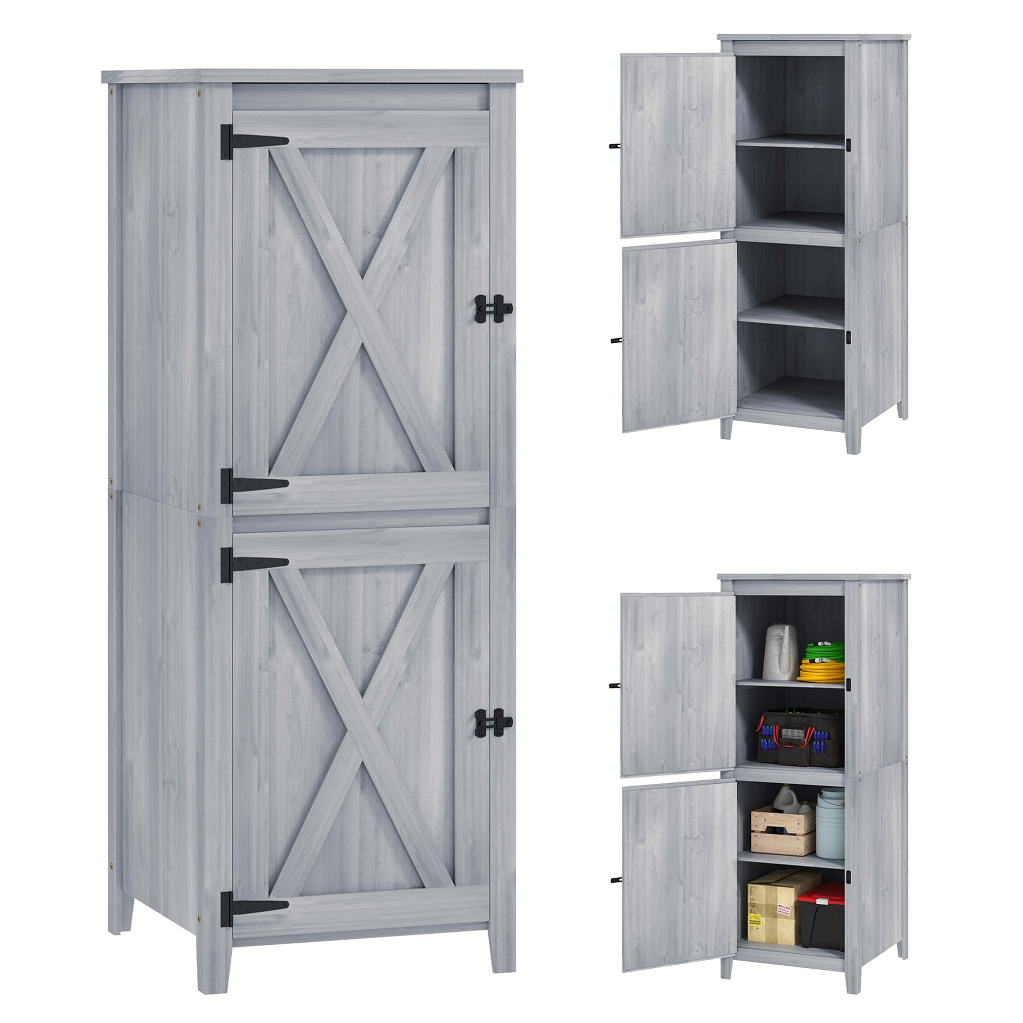 Garden Cabinet Wood, Weatherproof Tool Shed, 60x60x160cm, Tool House with Double Door, Shelves, Lockable Tool Cabinet Garden Shed for Garden, Terrace, Light Gray