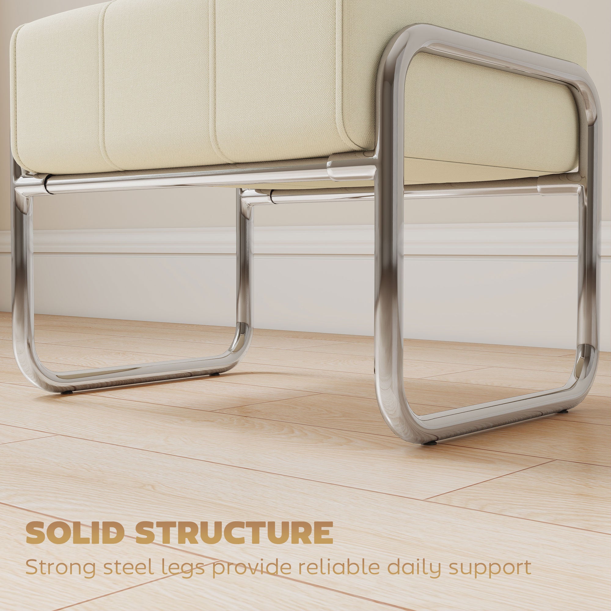 Thick Padded Footstool with Steel Legs, Chenille Upholstery for Bedroom & Living Room, Beige