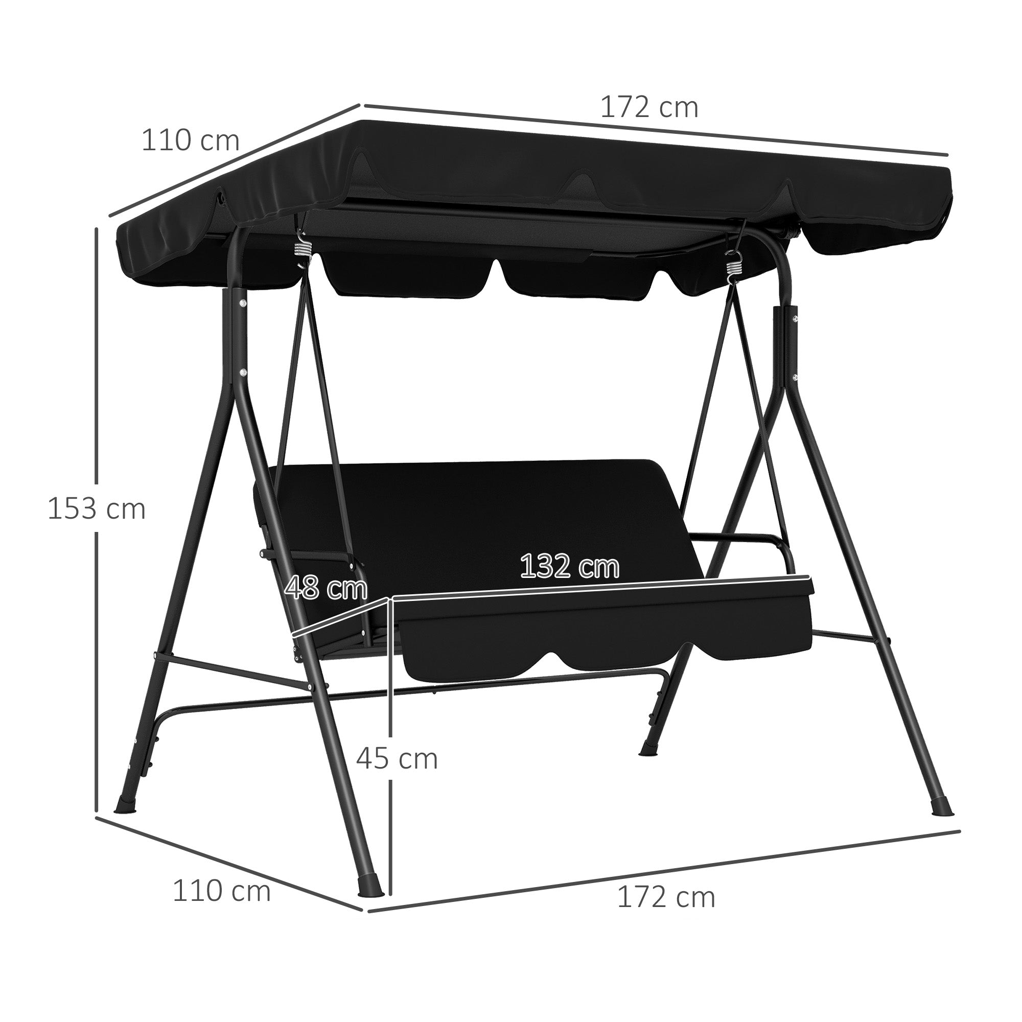 Hollywood Swing with Adjustable Sun Canopy, 3-Seater Garden Swing with Anti-Slip Feet, Water-Resistant Swing Bench for Garden, 172x110x153cm, Black