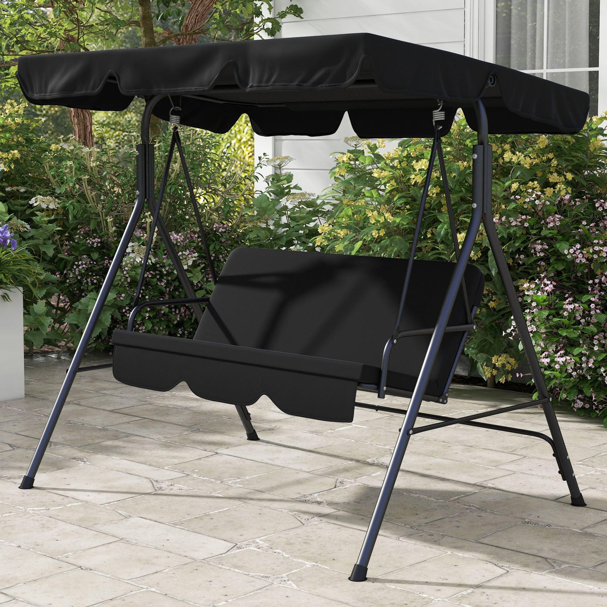 Hollywood Swing with Adjustable Sun Canopy, 3-Seater Garden Swing with Anti-Slip Feet, Water-Resistant Swing Bench for Garden, 172x110x153cm, Black