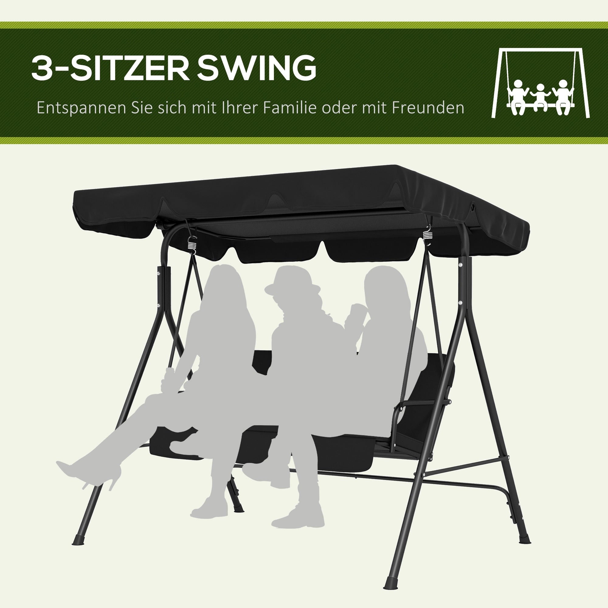 Hollywood Swing with Adjustable Sun Canopy, 3-Seater Garden Swing with Anti-Slip Feet, Water-Resistant Swing Bench for Garden, 172x110x153cm, Black