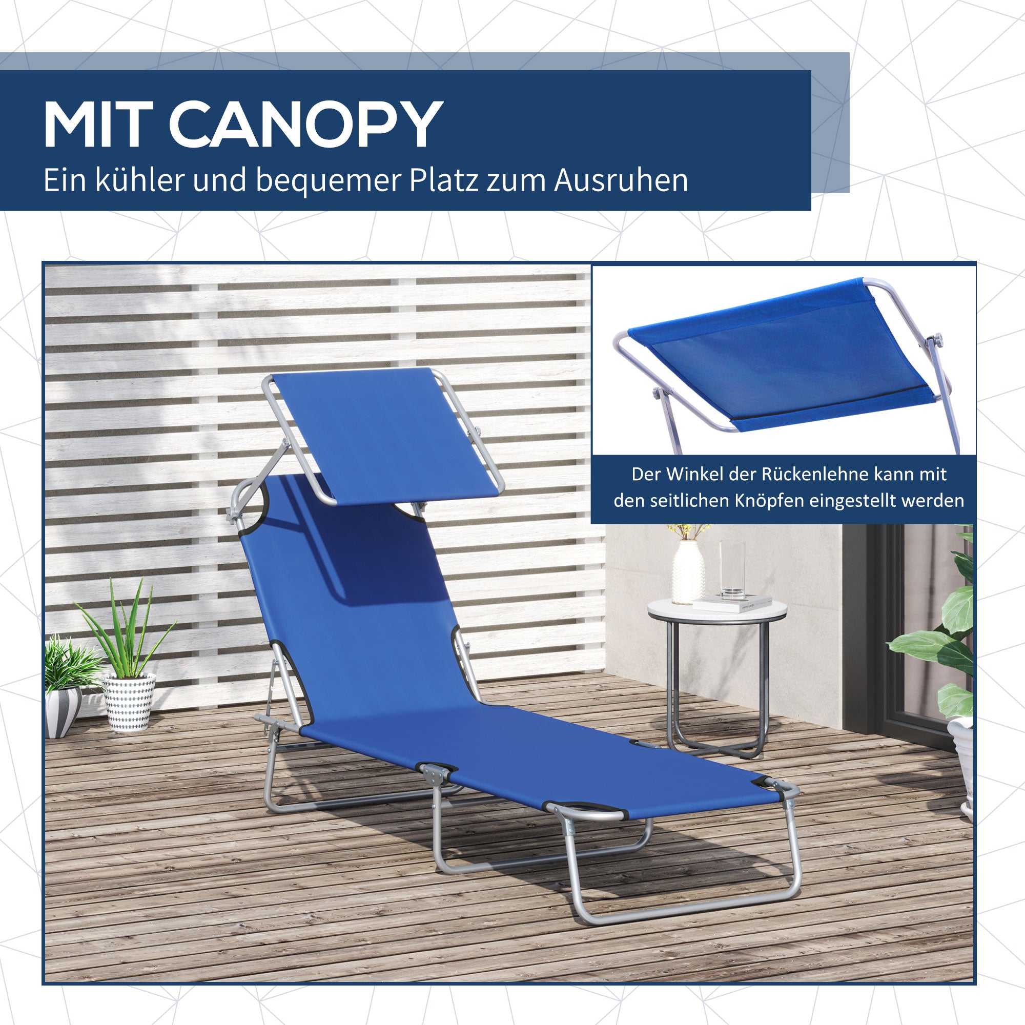 Folding Sun Lounger Garden Lounger with Canopy, Lounger with 4 Adjustable Backrest Positions, Weatherproof Camping Lounger up to 120 kg Load Capacity, for Garden Beach Pool, Blue