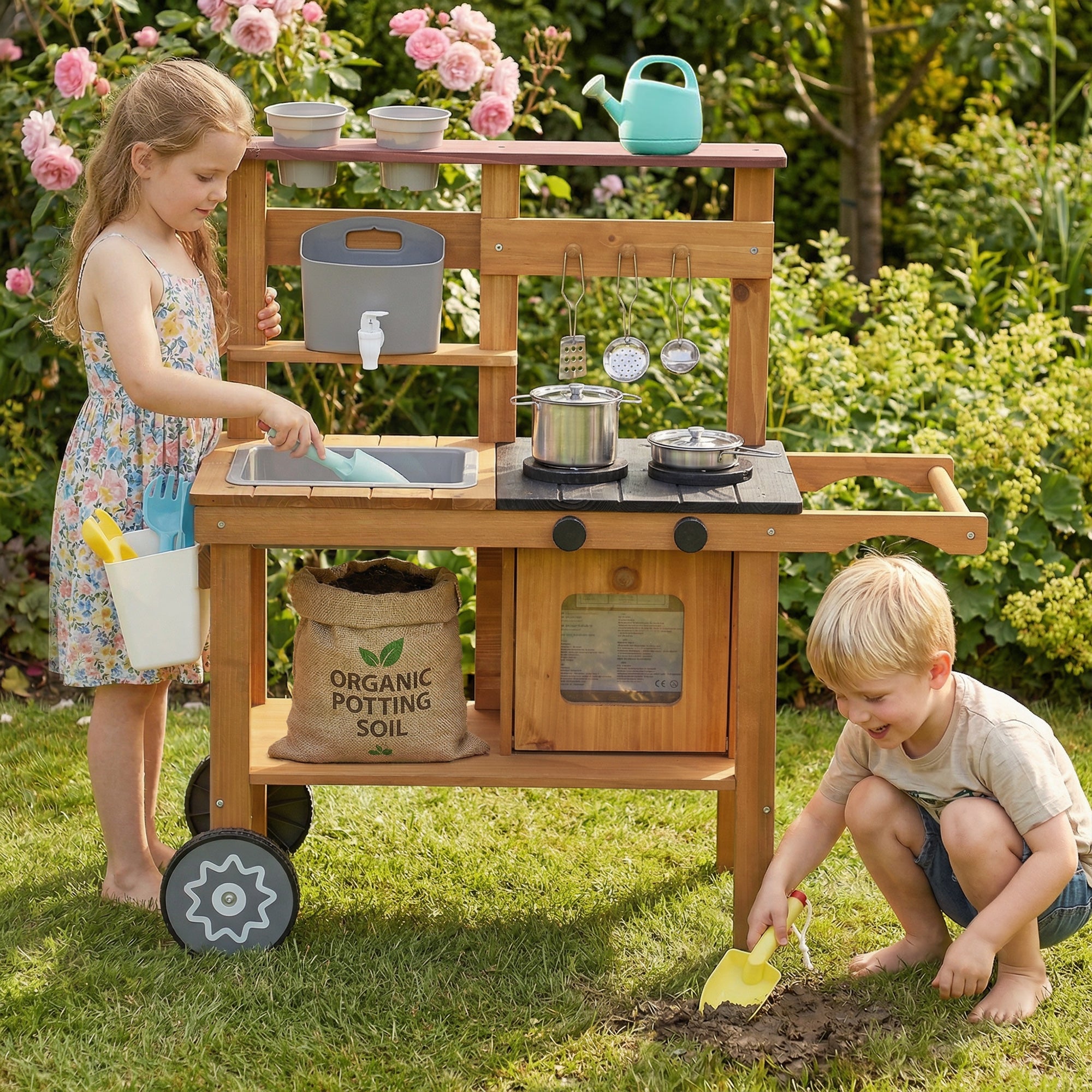 Kids Outdoor Mud Kitchen — Wooden Play Kitchen with Faucet, Sink, Planter, Wheels, Storage & Stainless-Steel Accessories for Ages 3–6, Brown