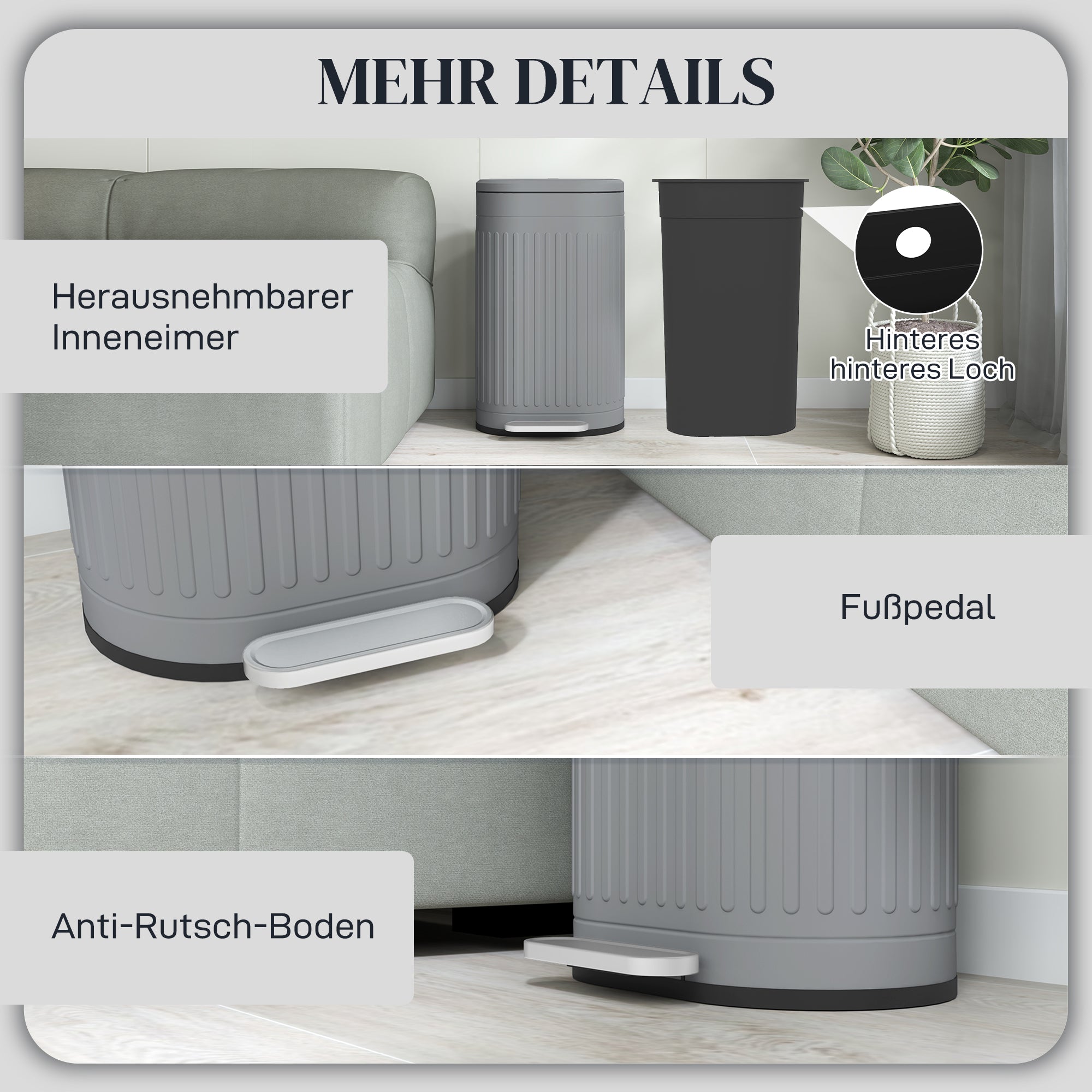 30 L Pedal Bin with Removable Inner Bucket and Soft-Close Lid, Gray — 36.5 x 31.2 x 60.8 cm (14.4 x 12.3 x 23.9 in)
