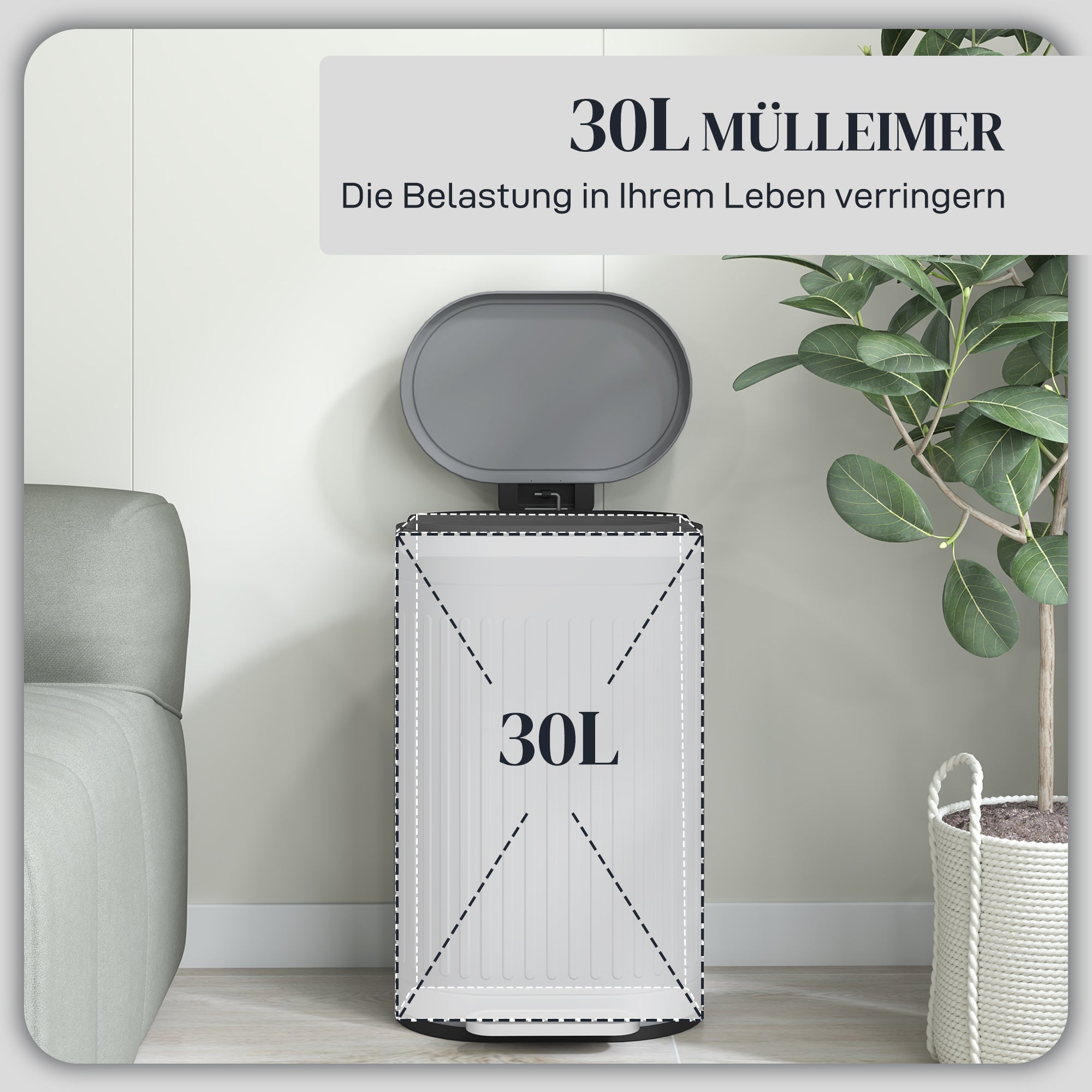 30 L Pedal Bin with Removable Inner Bucket and Soft-Close Lid, Gray — 36.5 x 31.2 x 60.8 cm (14.4 x 12.3 x 23.9 in)