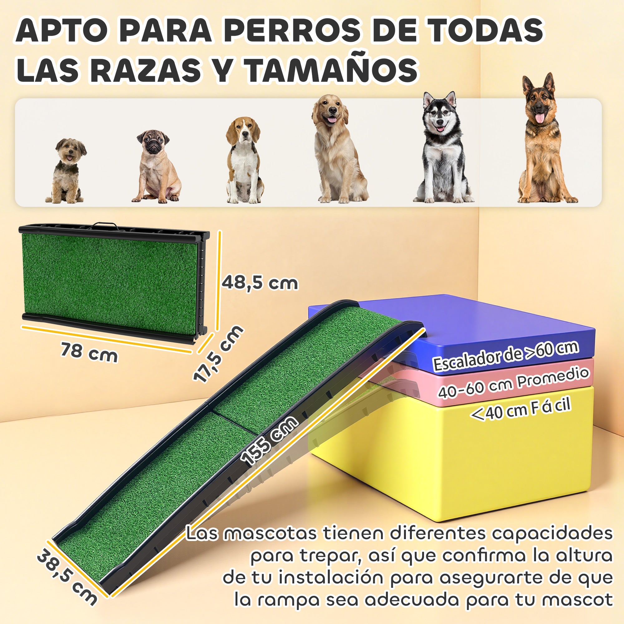 Dog Ramp with Artificial Turf, 61 in — Foldable Car Ramp with Handle, Adjustable Angle, Non-Slip, For All Breeds, Bed & Sofa (Green)