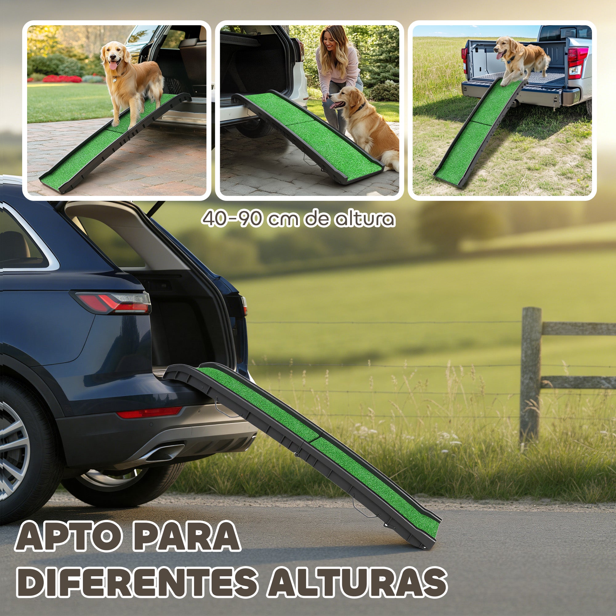 Dog Ramp with Artificial Turf, 61 in — Foldable Car Ramp with Handle, Adjustable Angle, Non-Slip, For All Breeds, Bed & Sofa (Green)