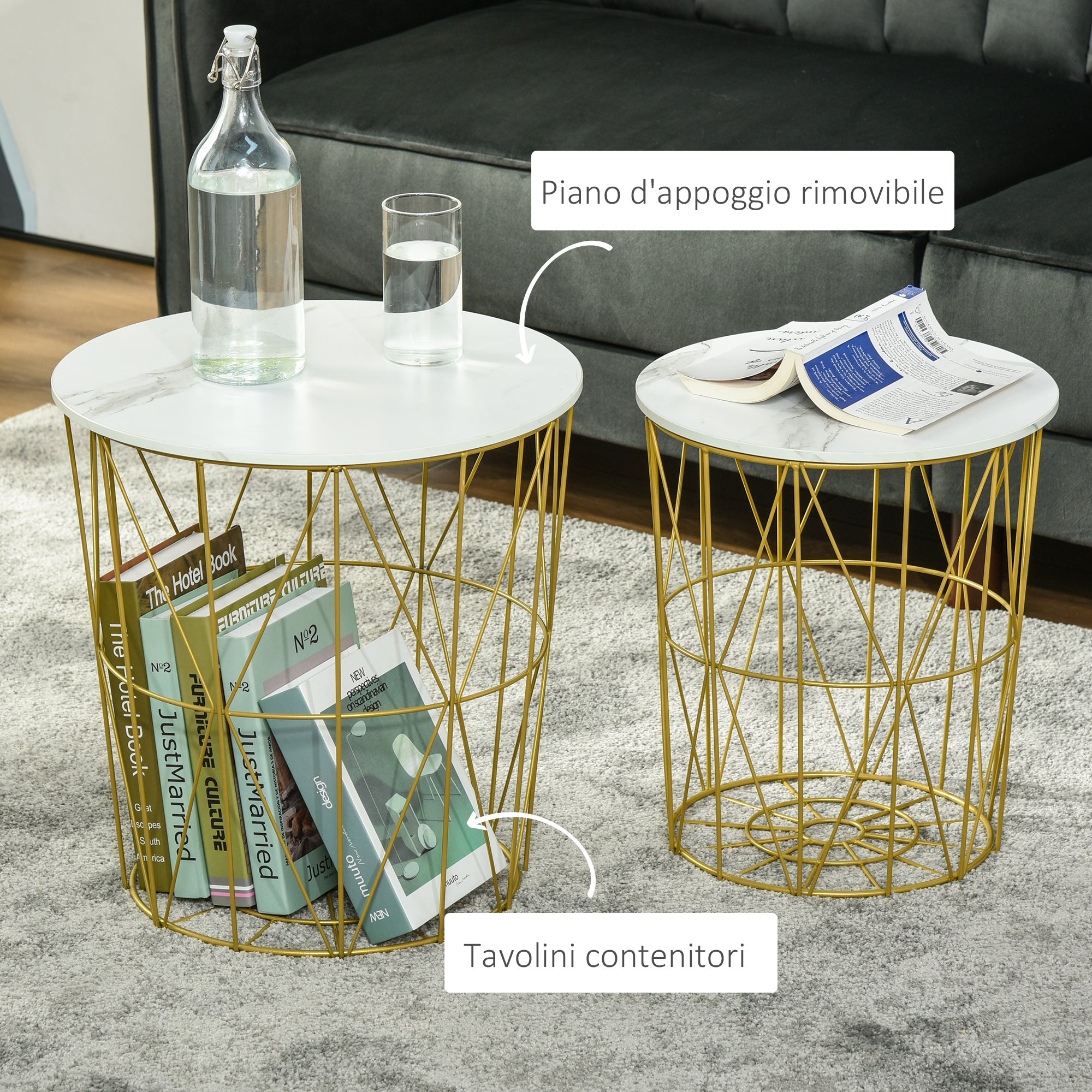 Set of 2 Modern Stackable Living Room Coffee Tables with Removable Shelf, Coffee Table with Storage for Living Room and Bedroom, White Gold