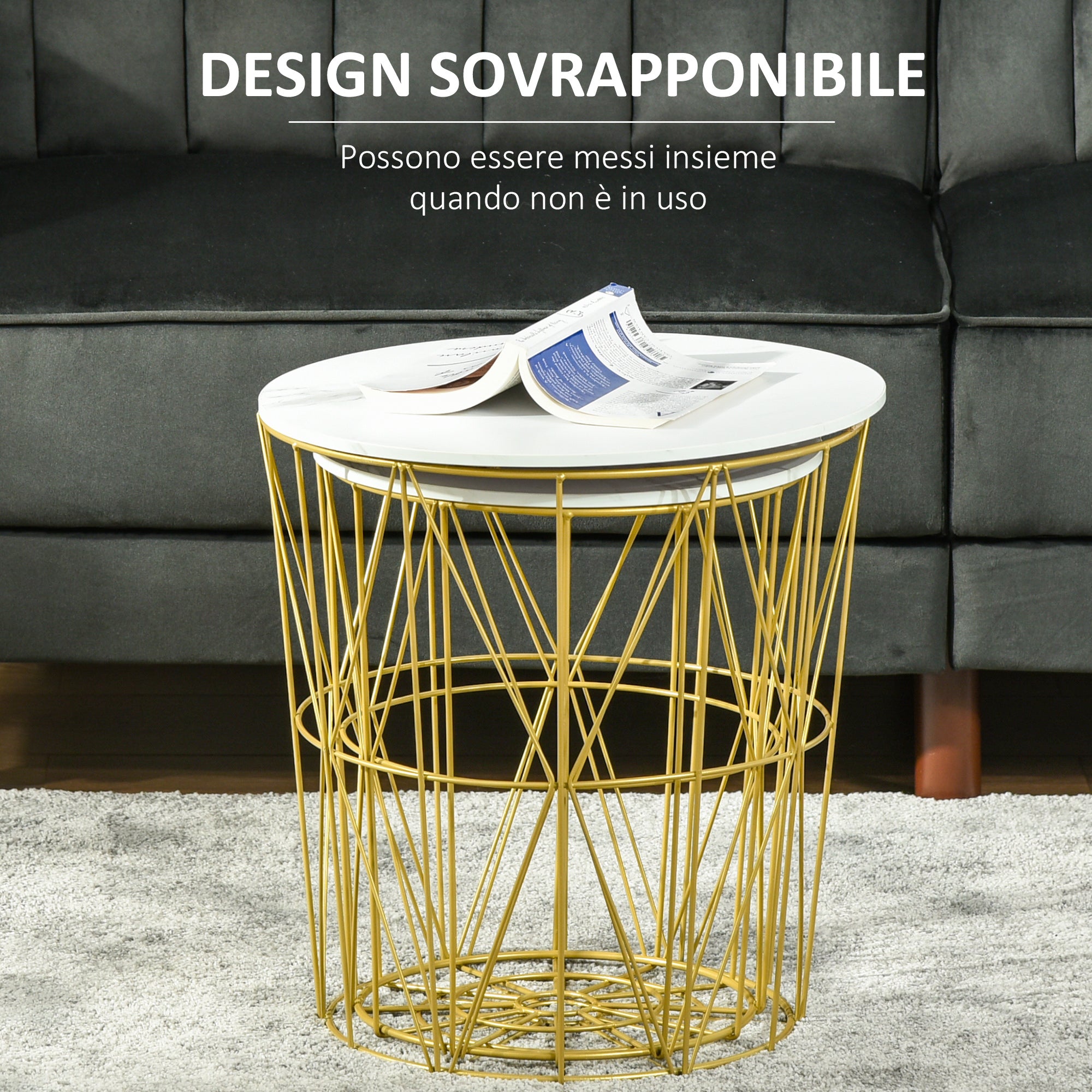 Set of 2 Modern Stackable Living Room Coffee Tables with Removable Shelf, Coffee Table with Storage for Living Room and Bedroom, White Gold