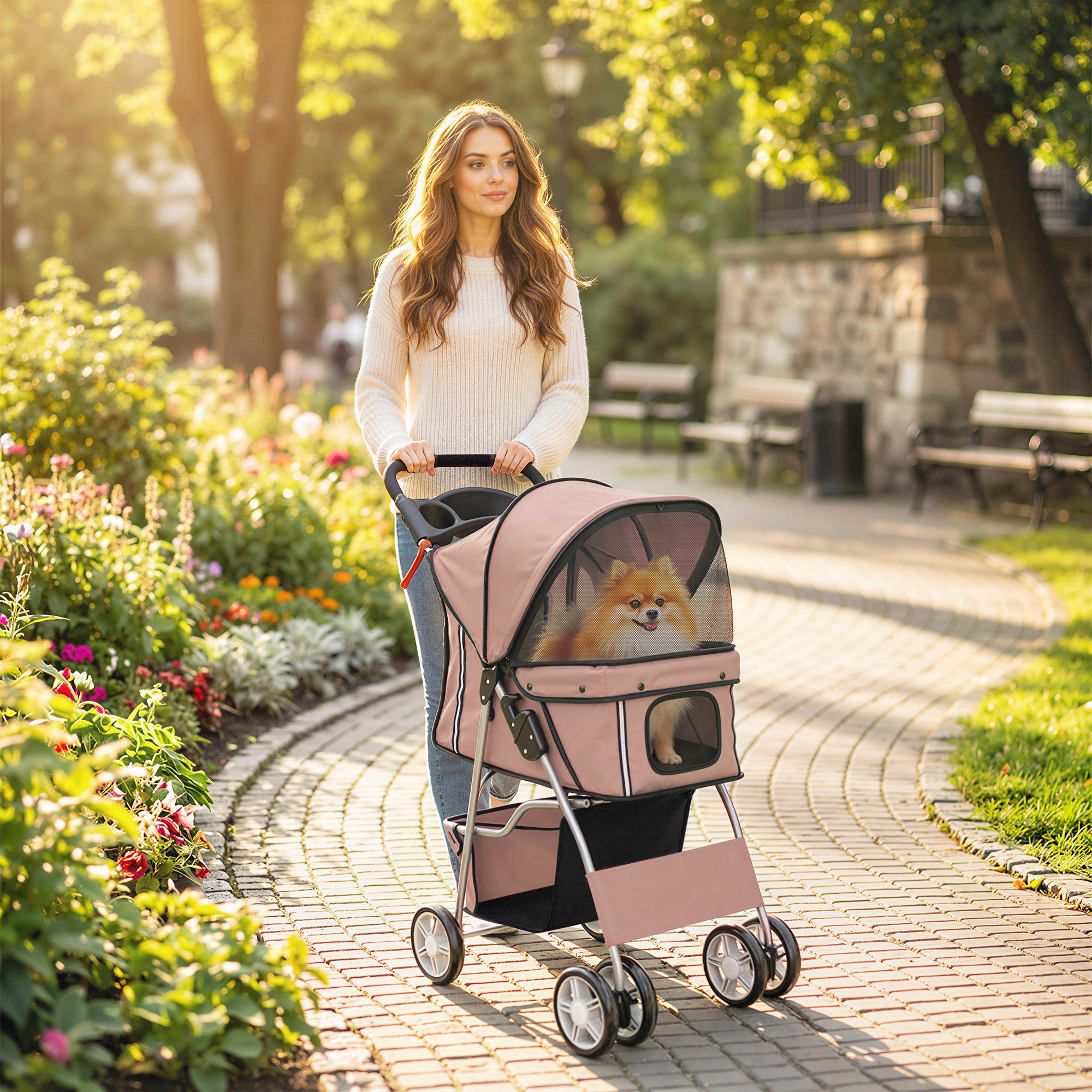 Foldable Pet Stroller — Steel Frame, 600D Oxford Fabric, Cup Holder & Storage, Coffee (29.5 x 17.7 x 38.2 in)