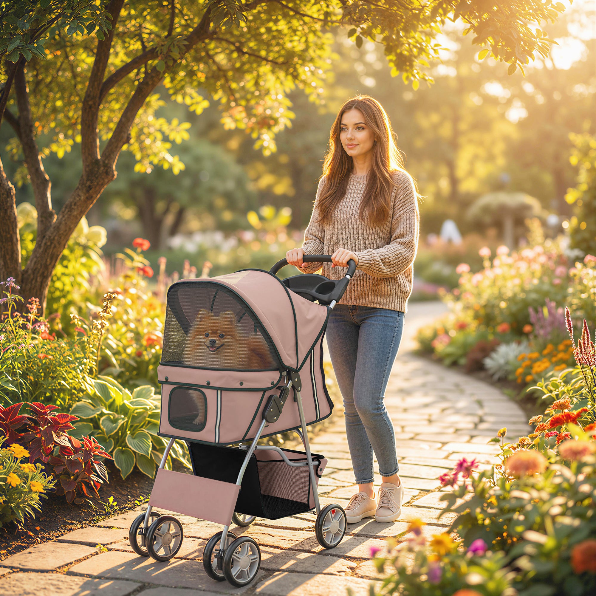 Foldable Pet Stroller — Steel Frame, 600D Oxford Fabric, Cup Holder & Storage, Coffee (29.5 x 17.7 x 38.2 in)