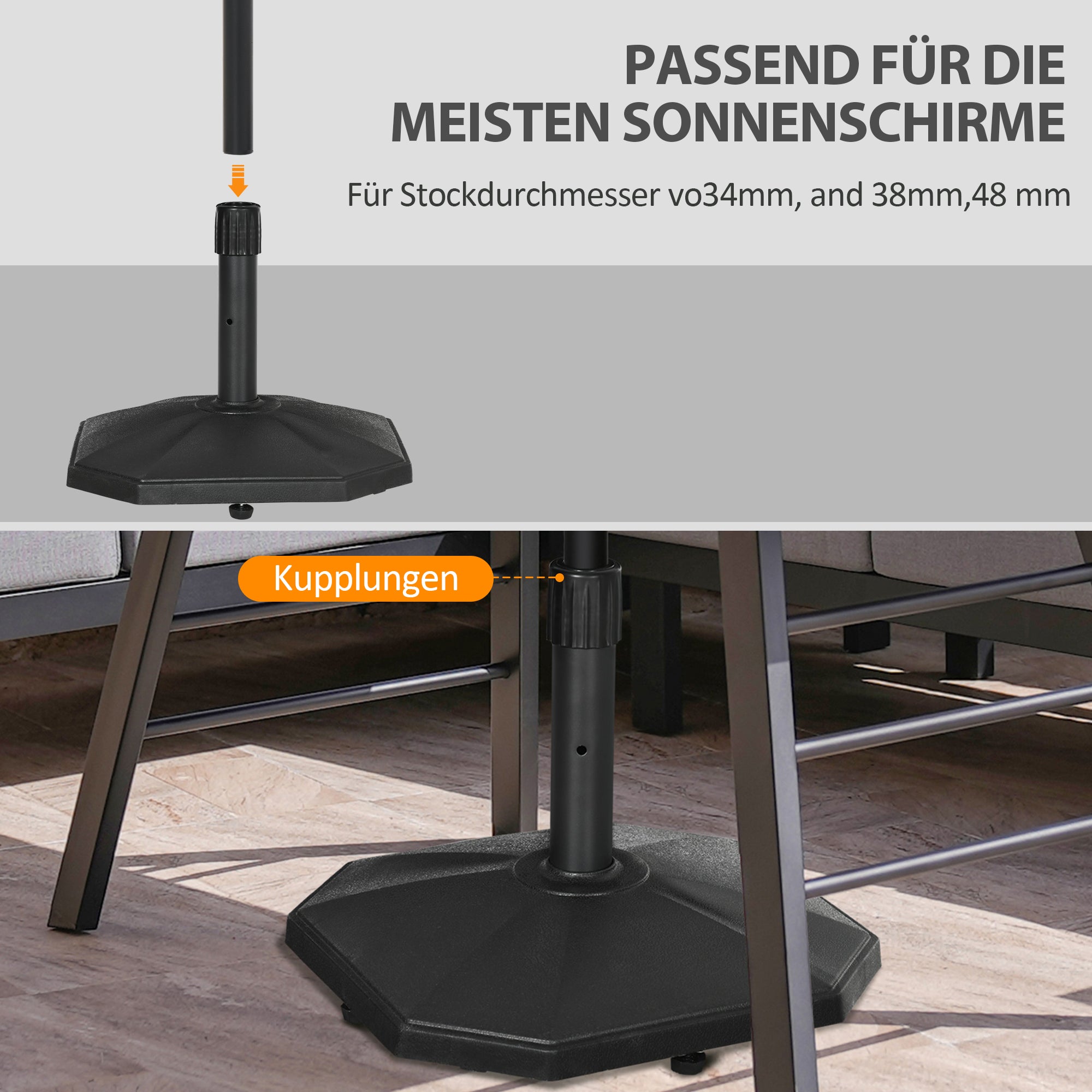 Umbrella Stand 18 kg Umbrella Base for Mast Diameter Ø 34/38/48 mm, Umbrella Stand for Garden, Balcony, Cement Filling, Black