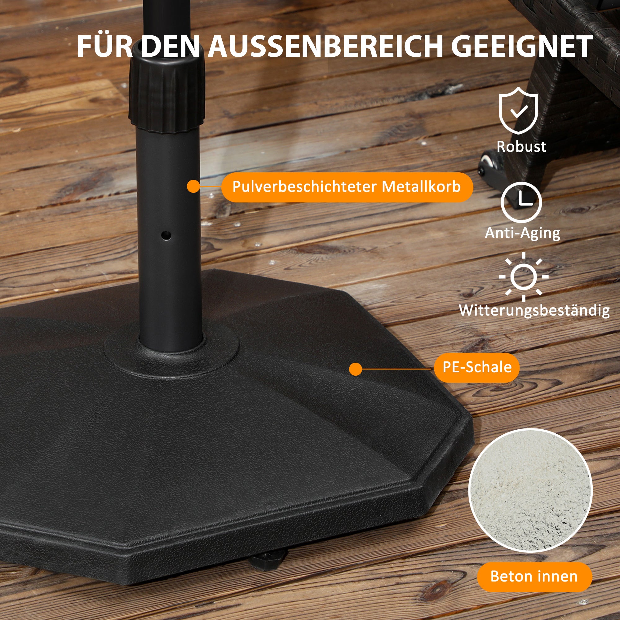 Umbrella Stand 18 kg Umbrella Base for Mast Diameter Ø 34/38/48 mm, Umbrella Stand for Garden, Balcony, Cement Filling, Black