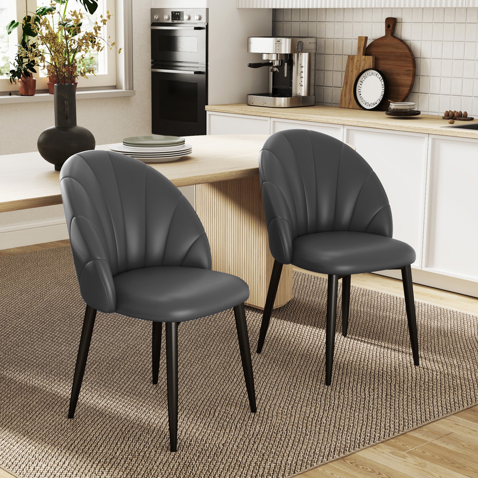 Set of 2 Dining Room Chairs, Modern Kitchen Chairs with Shell Back and Metal Legs, PU Chair with Padding for Kitchen, Bedroom, Office, and Living Room, Dark Gray