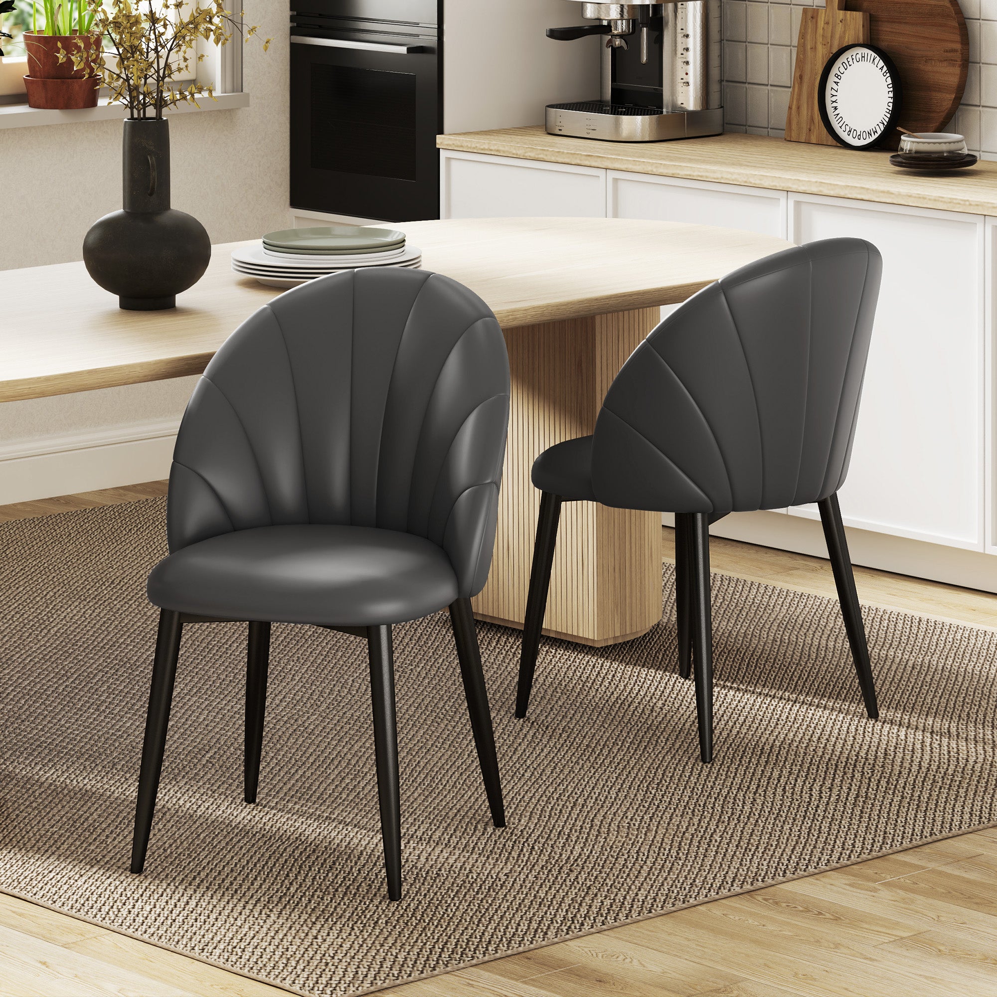 Set of 2 Dining Room Chairs, Modern Kitchen Chairs with Shell Back and Metal Legs, PU Chair with Padding for Kitchen, Bedroom, Office, and Living Room, Dark Gray