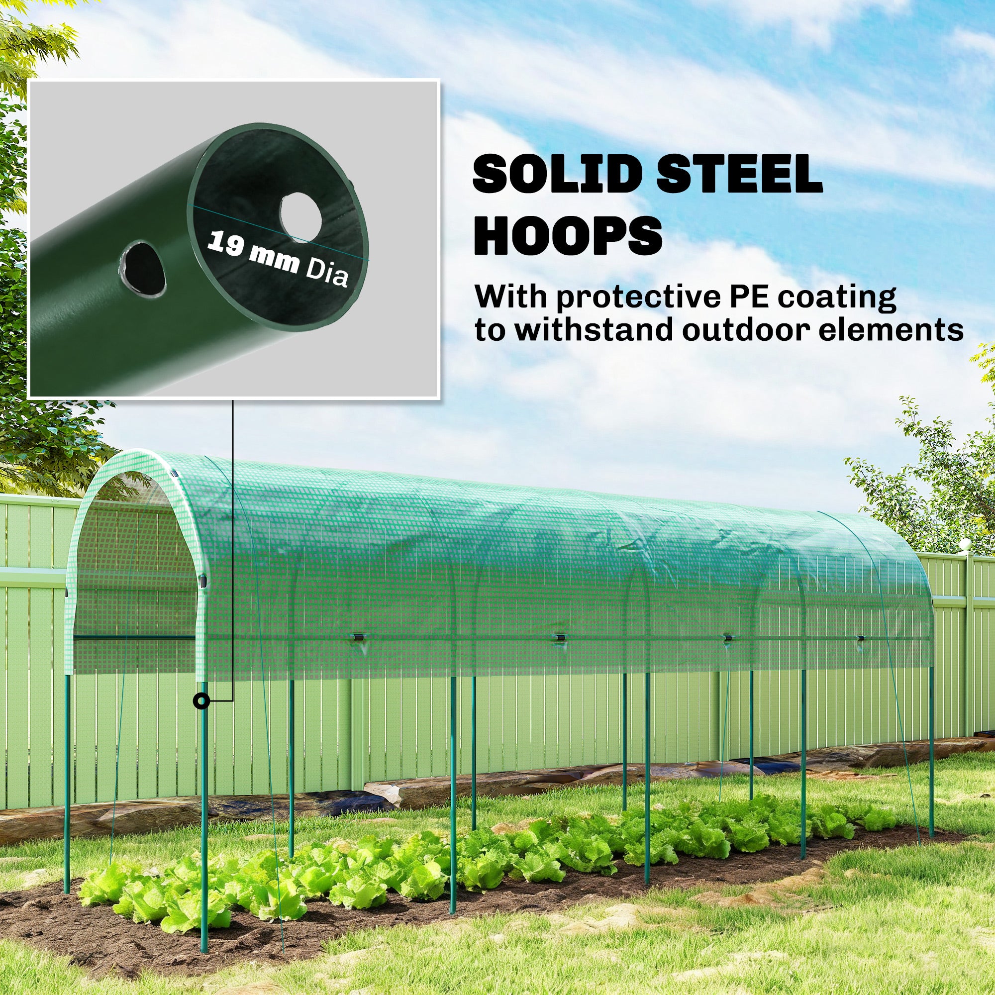 Winter Film Greenhouse with Arched Roof — Steel Frame & Ground Anchors, Slot-Together Open Tunnel, 400 x 120 x 170 cm (13.1 x 3.9 x 5.6 ft), Green
