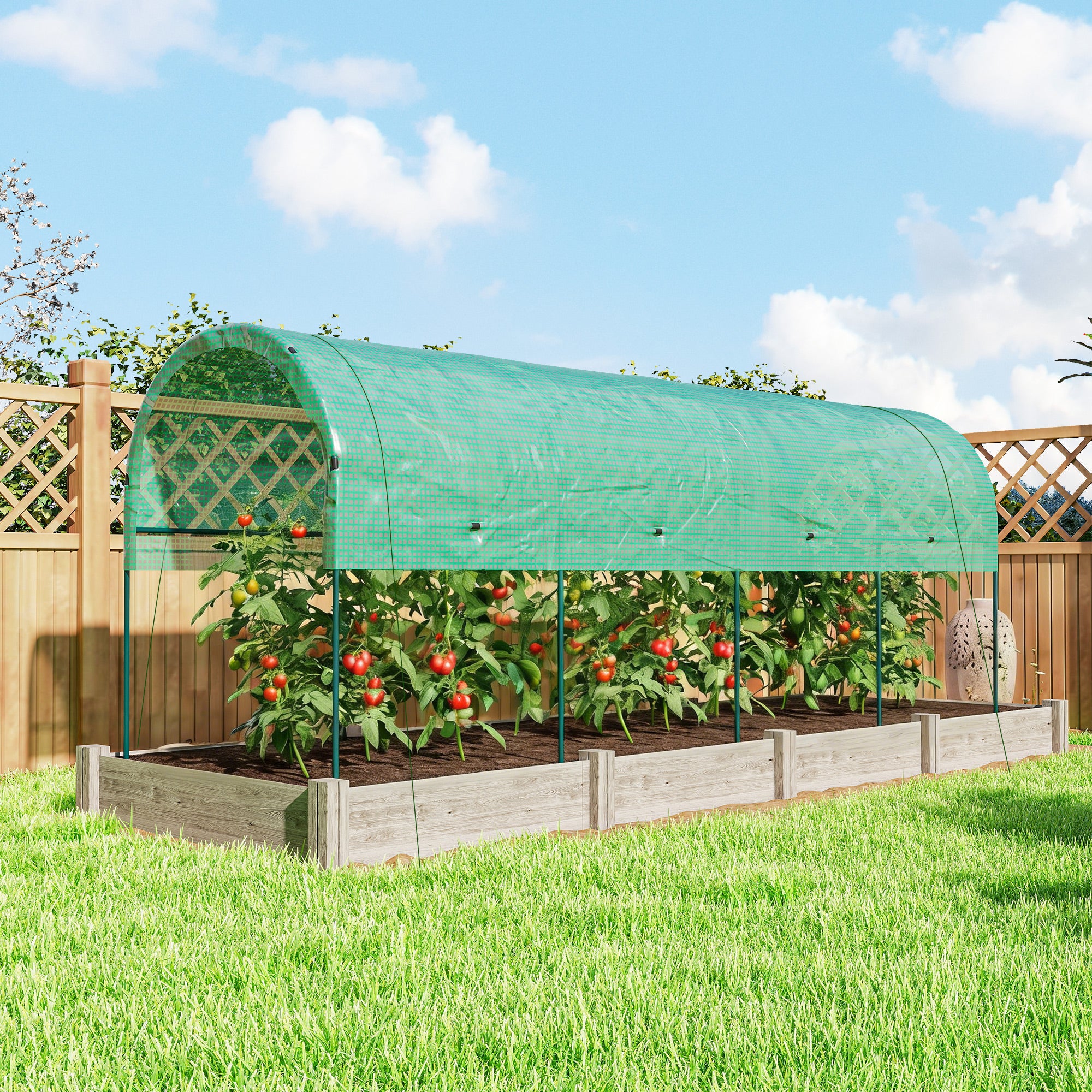 Winter Film Greenhouse with Arched Roof — Steel Frame & Ground Anchors, Slot-Together Open Tunnel, 400 x 120 x 170 cm (13.1 x 3.9 x 5.6 ft), Green
