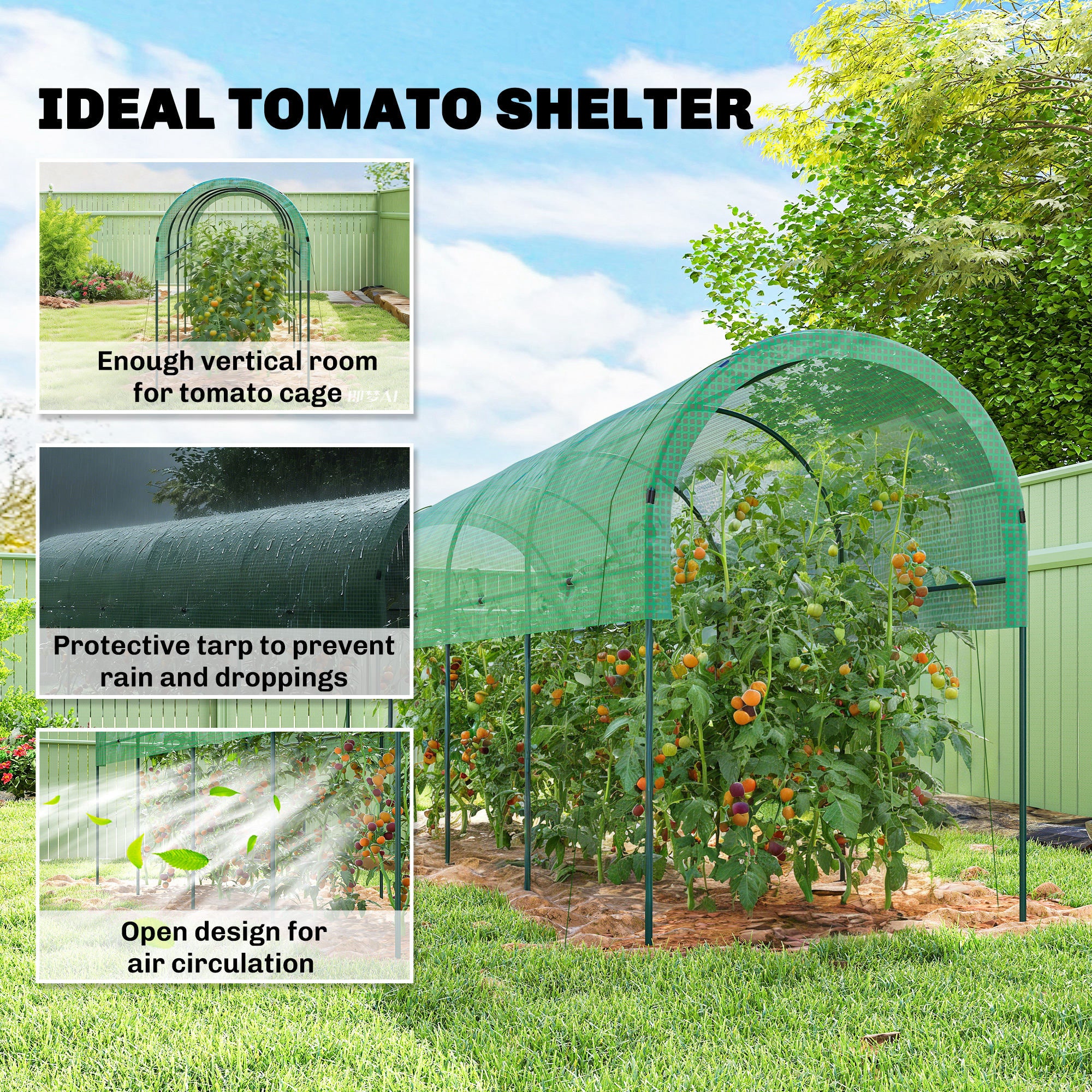 Winter Film Greenhouse with Arched Roof — Steel Frame & Ground Anchors, Slot-Together Open Tunnel, 400 x 120 x 170 cm (13.1 x 3.9 x 5.6 ft), Green