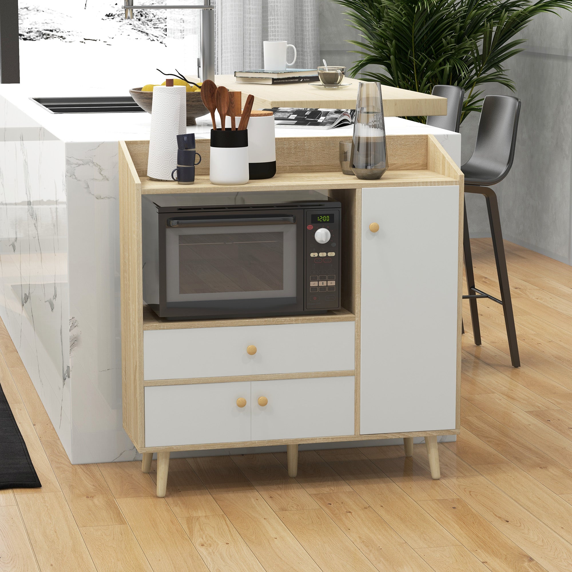 Kitchen Microwave Cabinet with 2 Cabinets and Drawer, 90x30x94cm, in MDF, Natural Wood and White