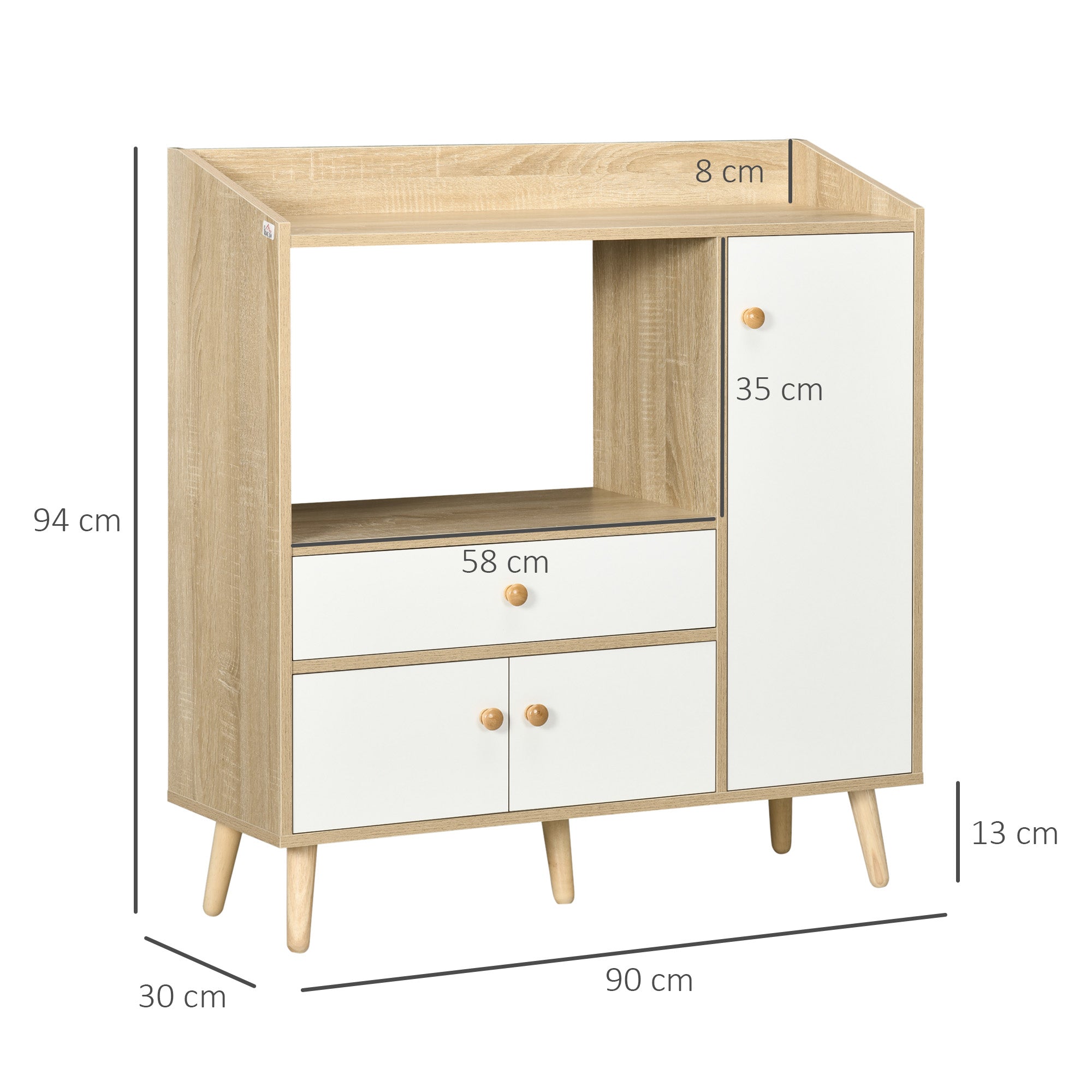 Kitchen Microwave Cabinet with 2 Cabinets and Drawer, 90x30x94cm, in MDF, Natural Wood and White